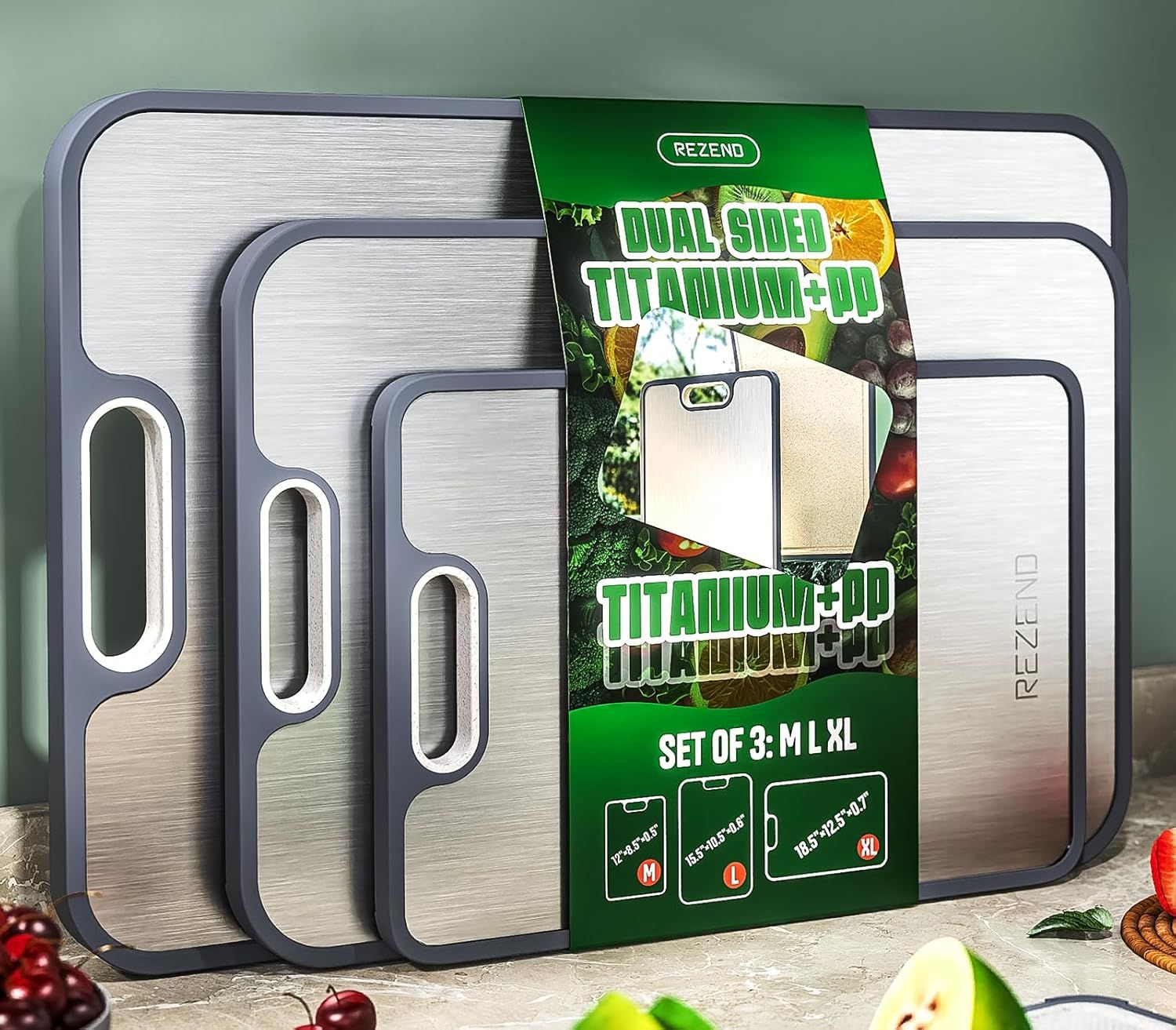 JUSHUA Titanium Cutting Board Set of 3 Dual Sided Non Toxic Boards with Juice Groove #MT-7E76XJ