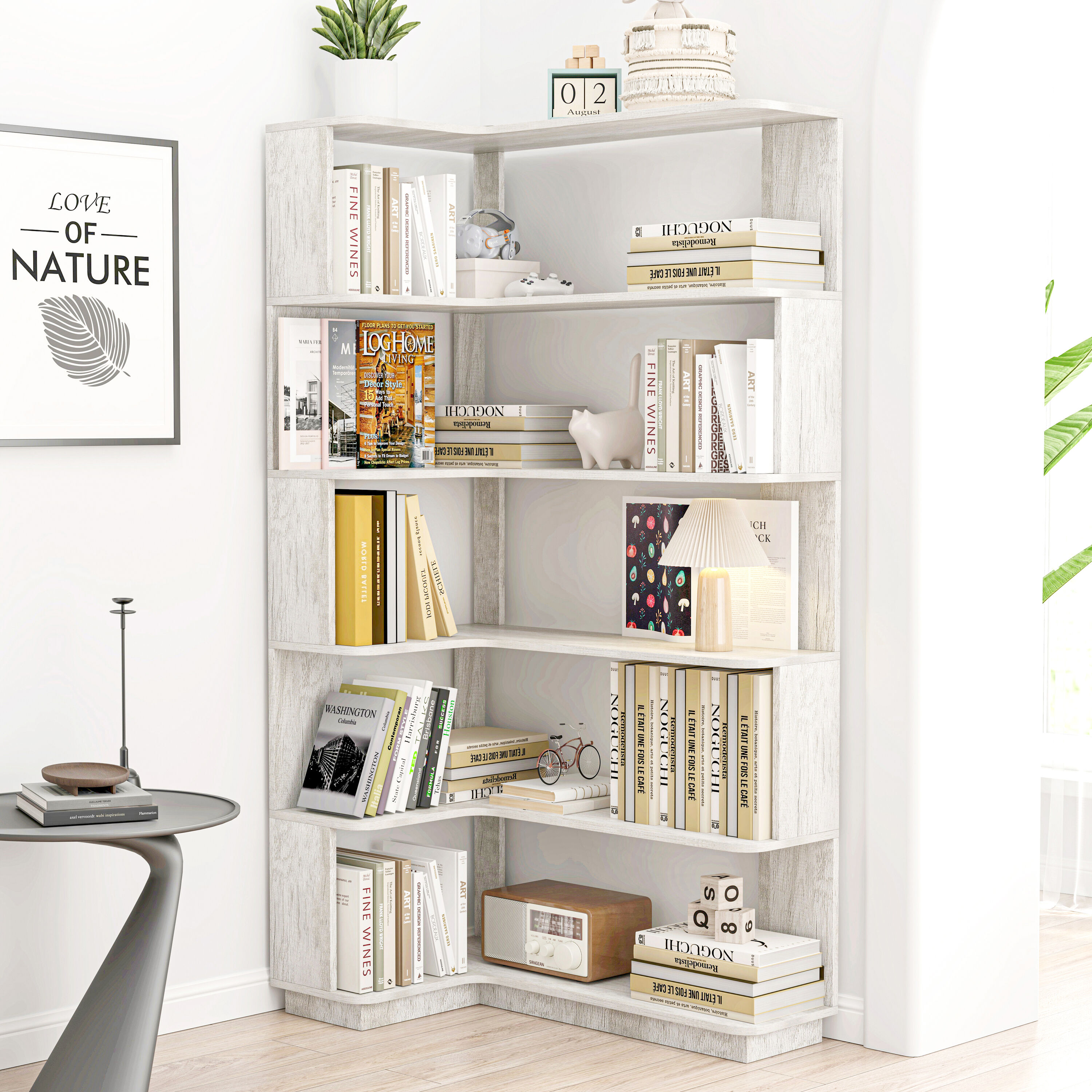 JUSHUA 90 Cm 35 43/100 Inches Extended Size 5-Tier Freestanding L-Shaped Corner Bookshelf For Living Room Bedroom Home Office Wooden Bookcase With Anti-Drop Panel And Anti-Tipping Device Display Shelf Open Storage