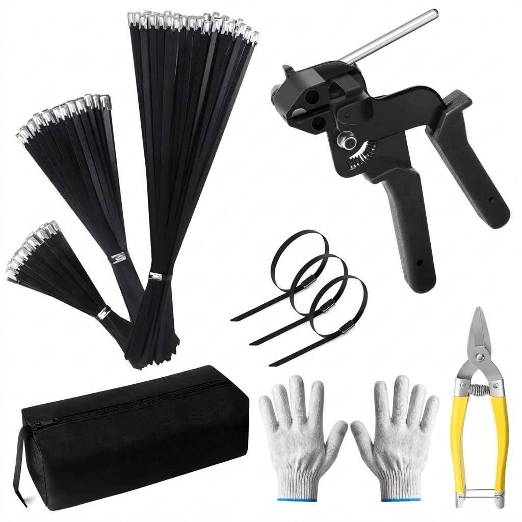 Etokfoks  150pcs Stainless Steel Metal Zip Ties Gun Set Black Heavy Duty Outdoor Cable Fastening Cutting Tool
