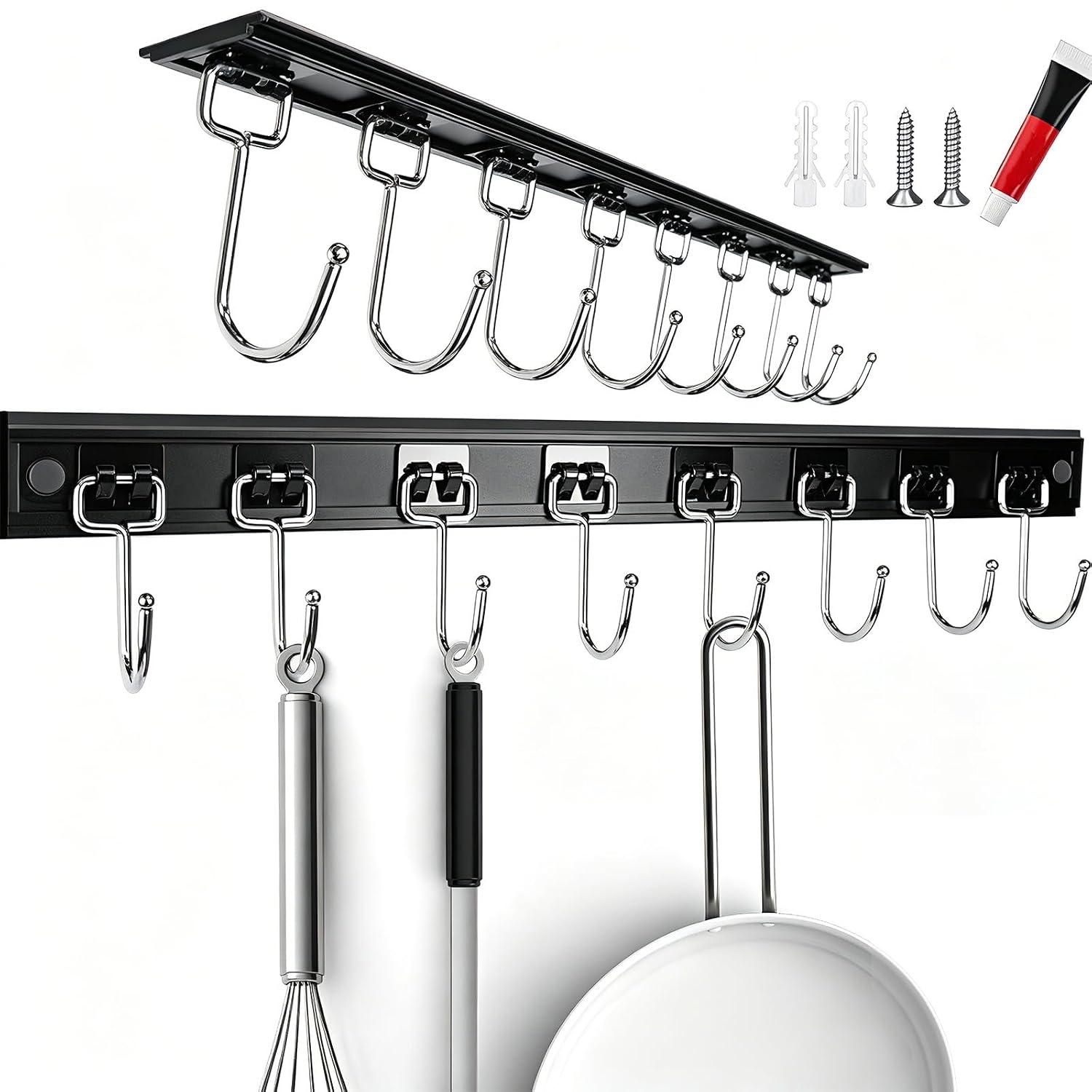 Kitstorack 17.5 Inch Wall Mount Kitchen Utensil Rack with 8 Hooks Each Set of 2 Under Cabinet Hanging Organizer with Screws and Adhesive Mounting