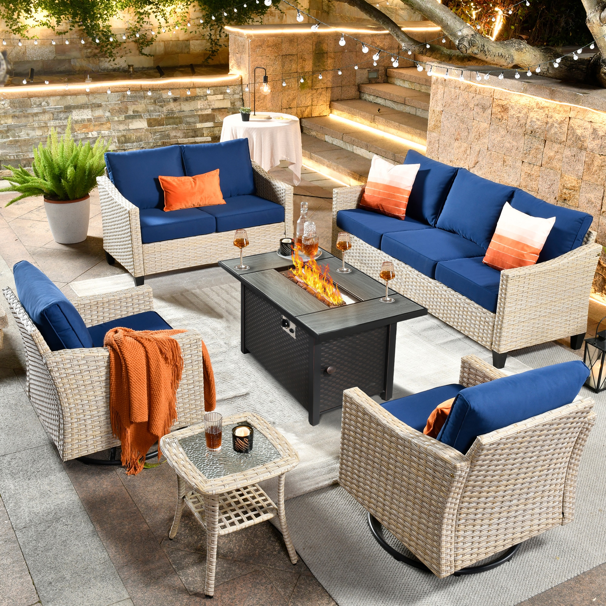 weaxty HMBCFP03-YZLDAR706 Athena 6-Piece Rattan Patio Sofa Conversation Set with Blue Cushions