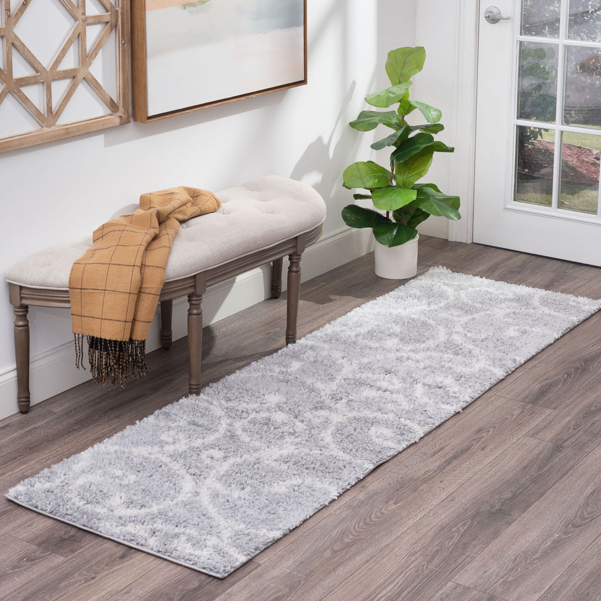 Tayse SOH1102 2X8 Soho Shag 2 x 8 (ft) Loomed Polypropylene Silver Rectangular Indoor Floral/Botanical French Country Runner rug