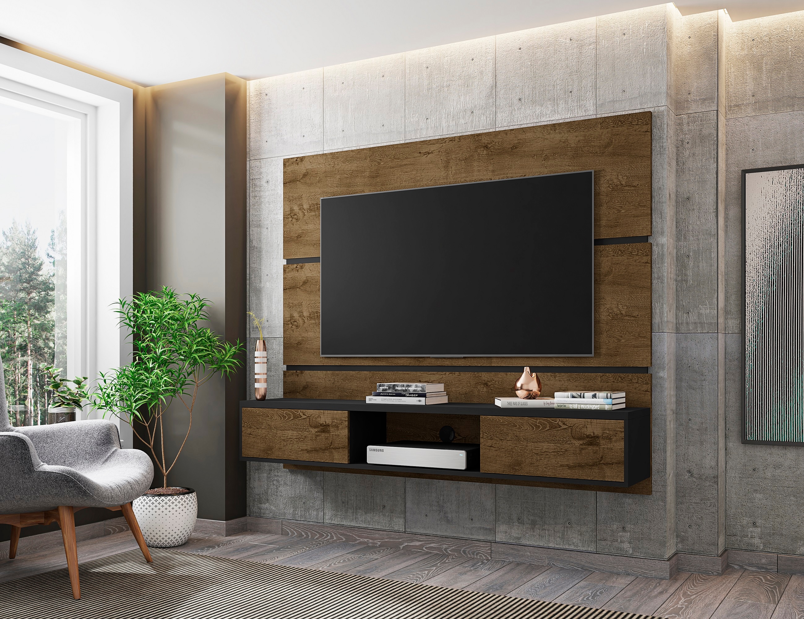 Manhattan Comfort 236BMC98 Vernon Modern/Contemporary Rustic Brown and Black TV panel Integrated TV Mount ( Accommodates TVs up to 55-in )