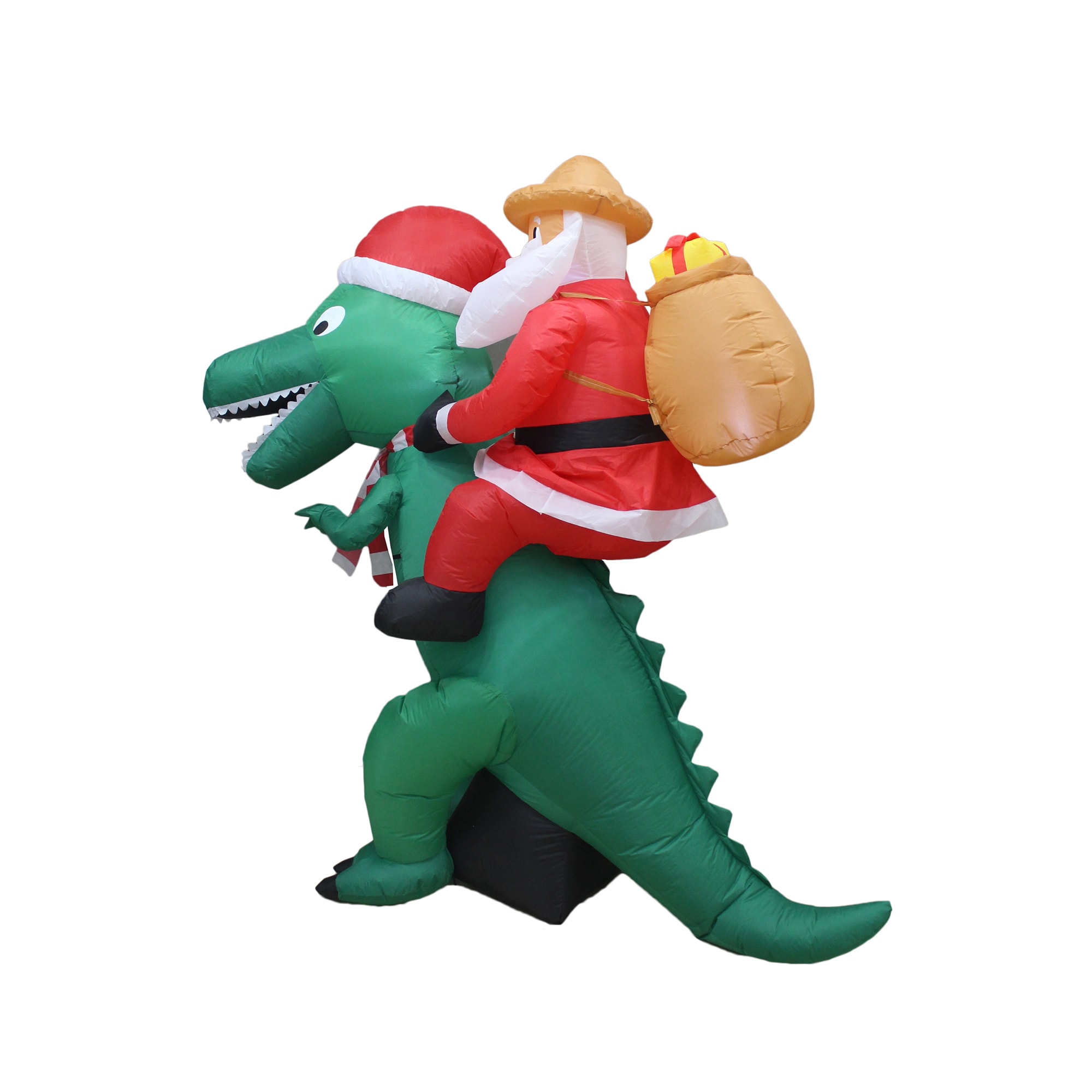 8-Foot Inflatable Santa on Green Dinosaur Lawn Decoration