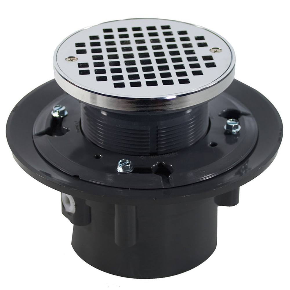 Jones Stephens 3 inch x 4 inch Heavy Duty PVC Floor Drain Base with 3-1/2 inch Plastic Spud, 8-1/2 inch Pan and 5 inch Chrome Plated Round Strainer -  D49135