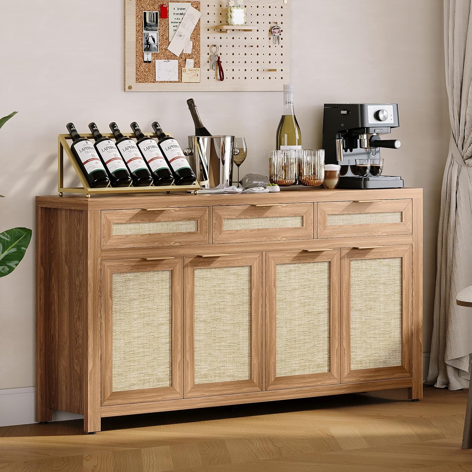 GAOMON Kitchen Sideboard Buffet Cabinet with Storage - 63 in Farmhouse Coffee Bar Credenza with 3 Drawers and 4 Doors - Deep Oak