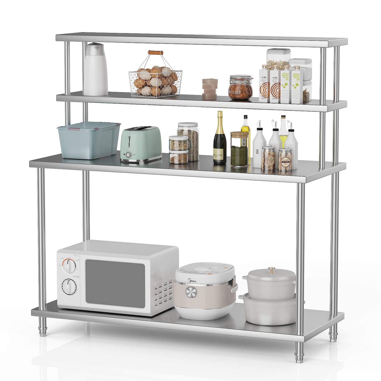 DEXSO Heavy Duty 4-Tier Stainless Steel Workbench 60x23.6 in with Overshelves Adjustable Undershelf #JANE-3F8H5L7Q