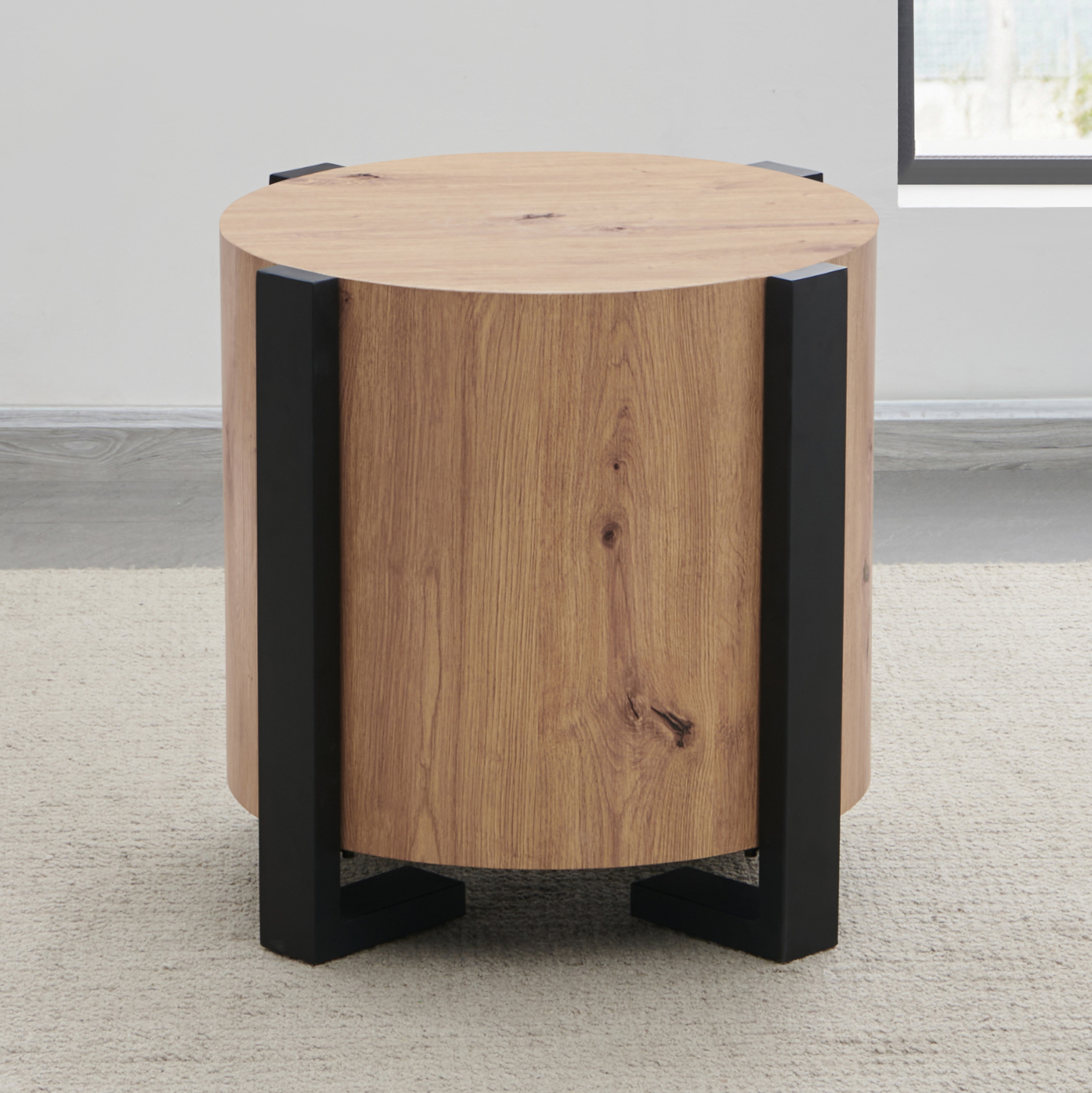 Darcie Natural Brown Round Wood End Table with Black Metal Legs