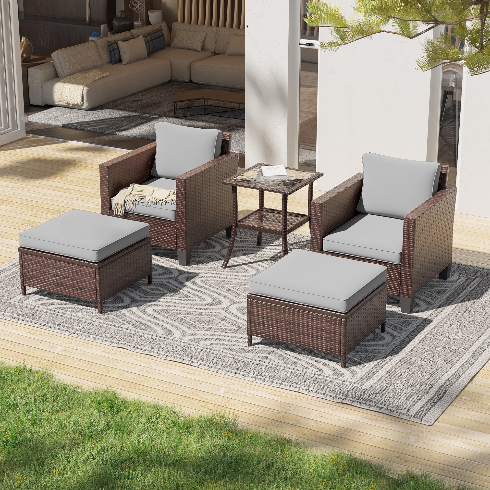 ACEGOSES LW-146-GY 5 -Piece Wicker Patio Conversation Set with Gray Cushions
