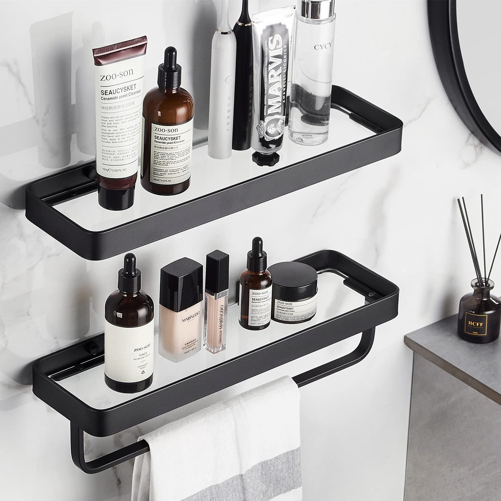 Lovav Black  rectangular Bathroom Shelves Wall Mounted Glass Floating Tempered 2 Tier Organizer