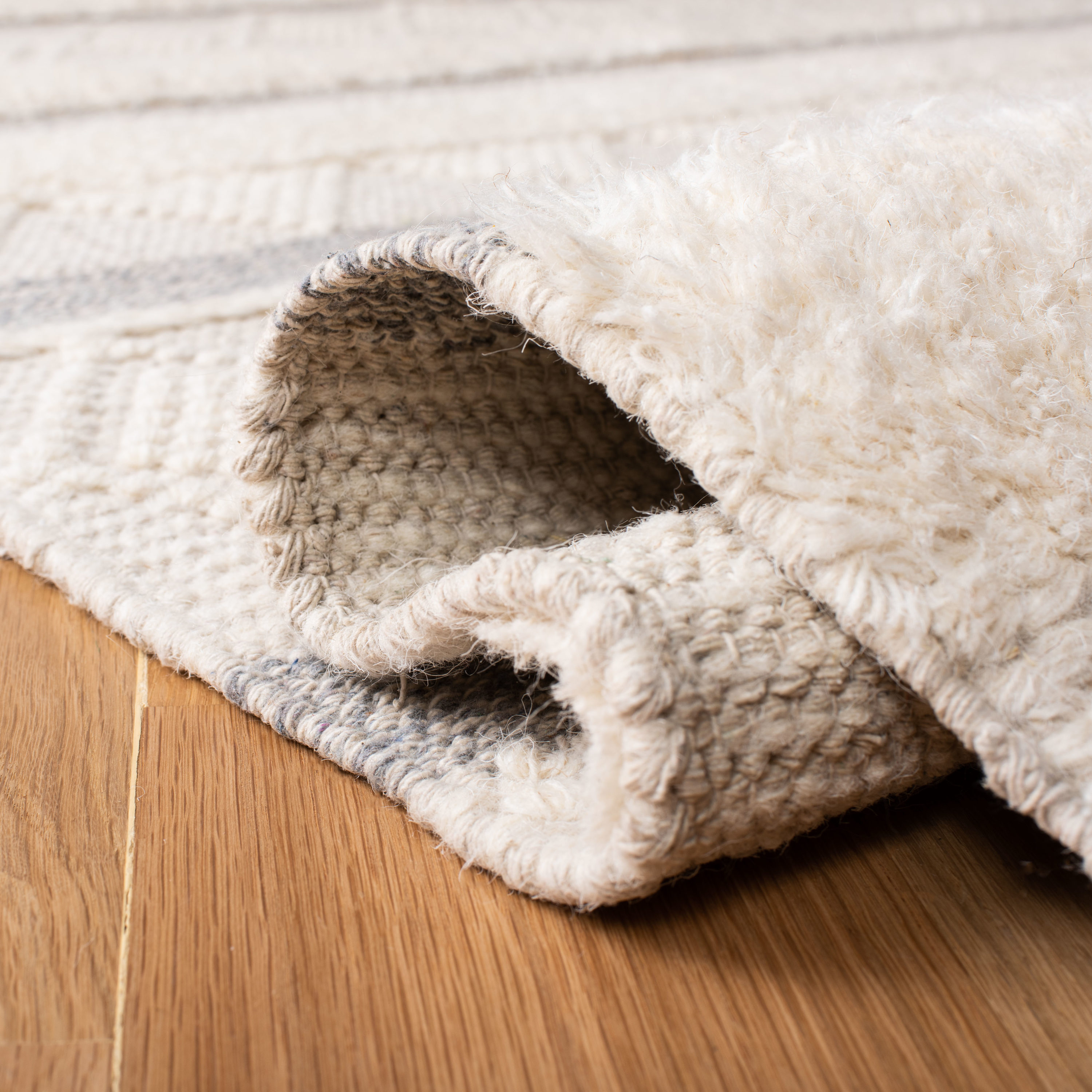 Ivory Hand-Knotted Wool Stripe Rectangular Rug 59"