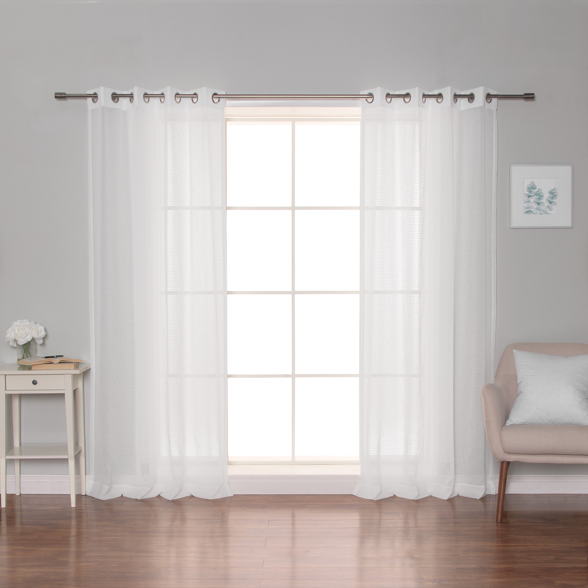 Best Home Fashion GROM-STRIPE-84-WHITE 84-Inches White Sheer Grommet Curtain panel pair