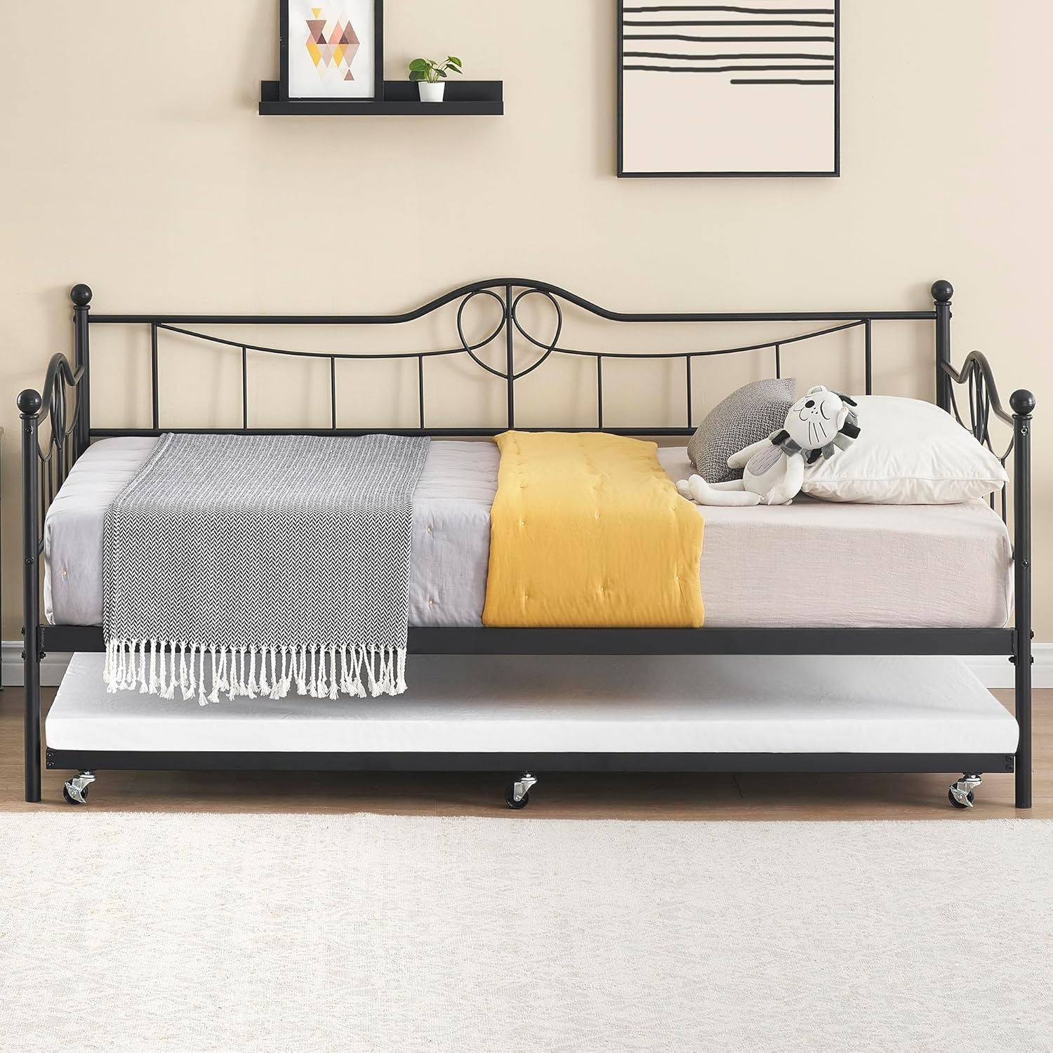 Qeetex CCPHO-0YBJ7J28 Twin Daybed with Trundle Metal Sofa Bed Frame Steel Slat Support Pull Out Trundle Set Black