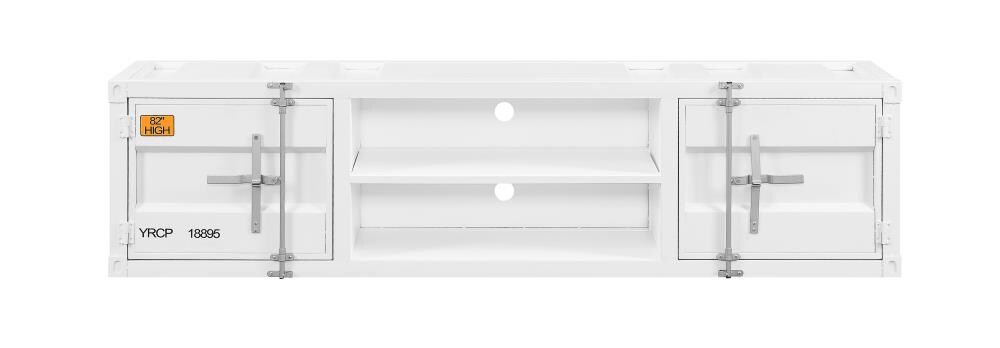 White Industrial Metal TV Stand with Cabinet