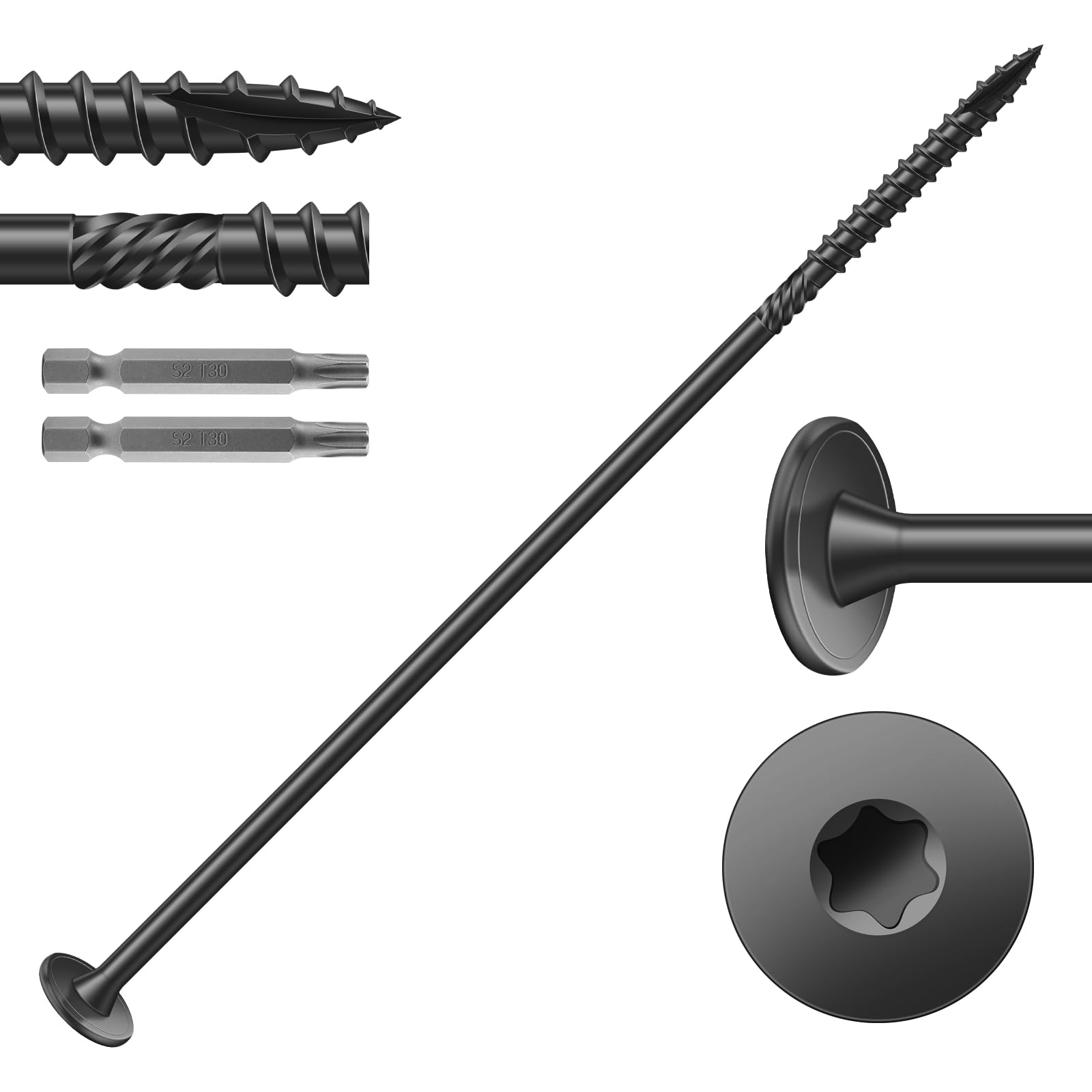 Afoxsos  Number 14 by 8 Inch Outdoor Structural Wood Deck Screws Carbon Steel Black Flat Head Rust Resistant Epoxy Coated T30 Star Bit
