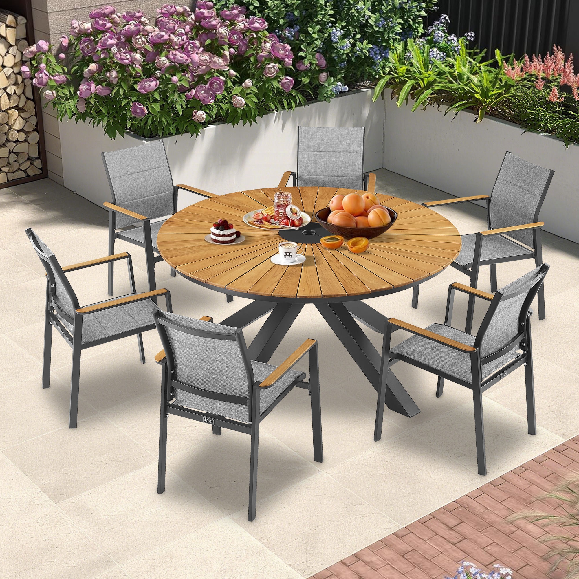 PEAK HOME FURNISHINGS 970484-BK-970486X6 Patio Dining Set 6 -Piece black Patio Dining Set Wood Round Table with 6 Stackable Stationary Chairs