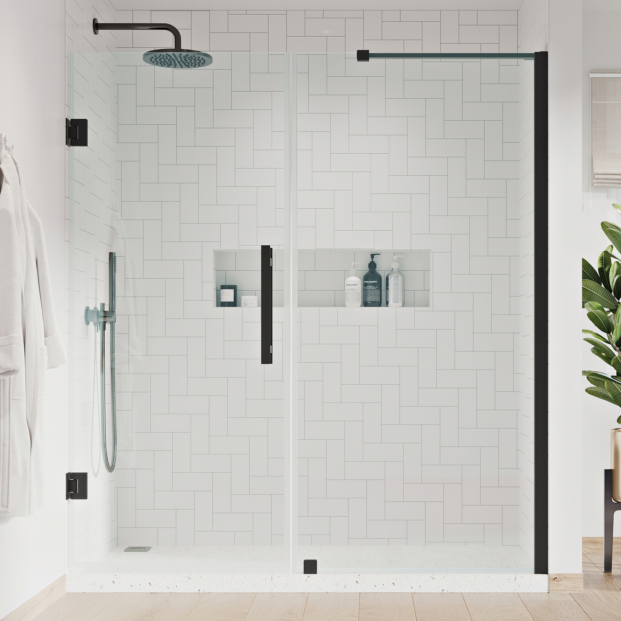 OVE Decors 828796078764 Tampa-Pro Matte black 61-1/4-in to 62-3/8-in W x 72-Inches H Frameless Pivot Shower door 5/16-in Thick Clear Glass