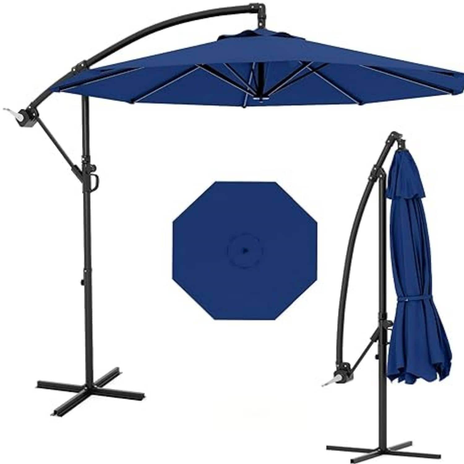 Qeetex LSHQQPPG-33474JTK 10ft Patio Umbrella with Cantilever Design Cantilever Hanging Umbrella with Crank and Cross Base for Patio GardenNavy