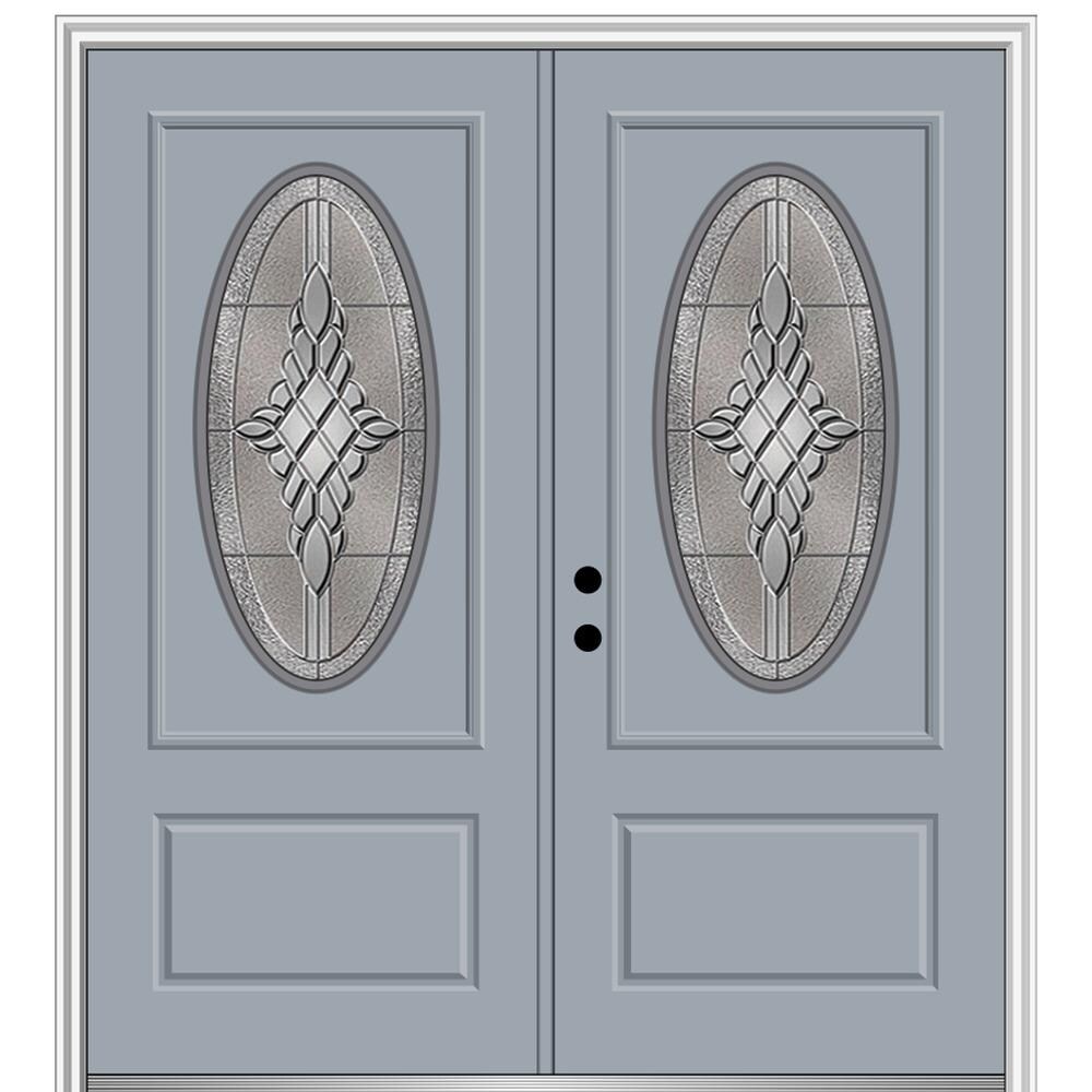 MMI DOOR ZZ365955R 72-in x 80-in x 4-9/16-in Fiberglass Oval lite Right-hand inswing Storm Cloud Painted Prehung Double Front Door with Brickmould Insulating core