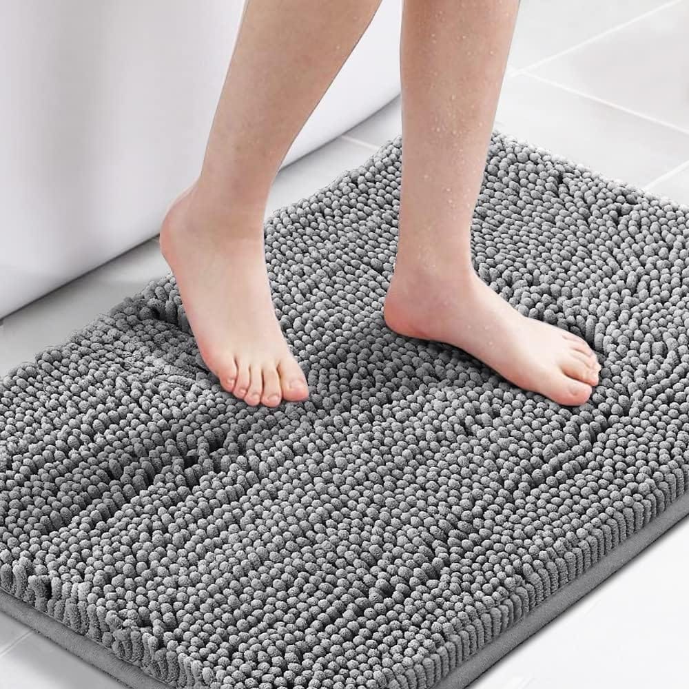 H.Versailtex  Grey Microfiber Chenille Bath Rug Extra Thick Non Slip Shaggy Bath Mat (Single Piece)