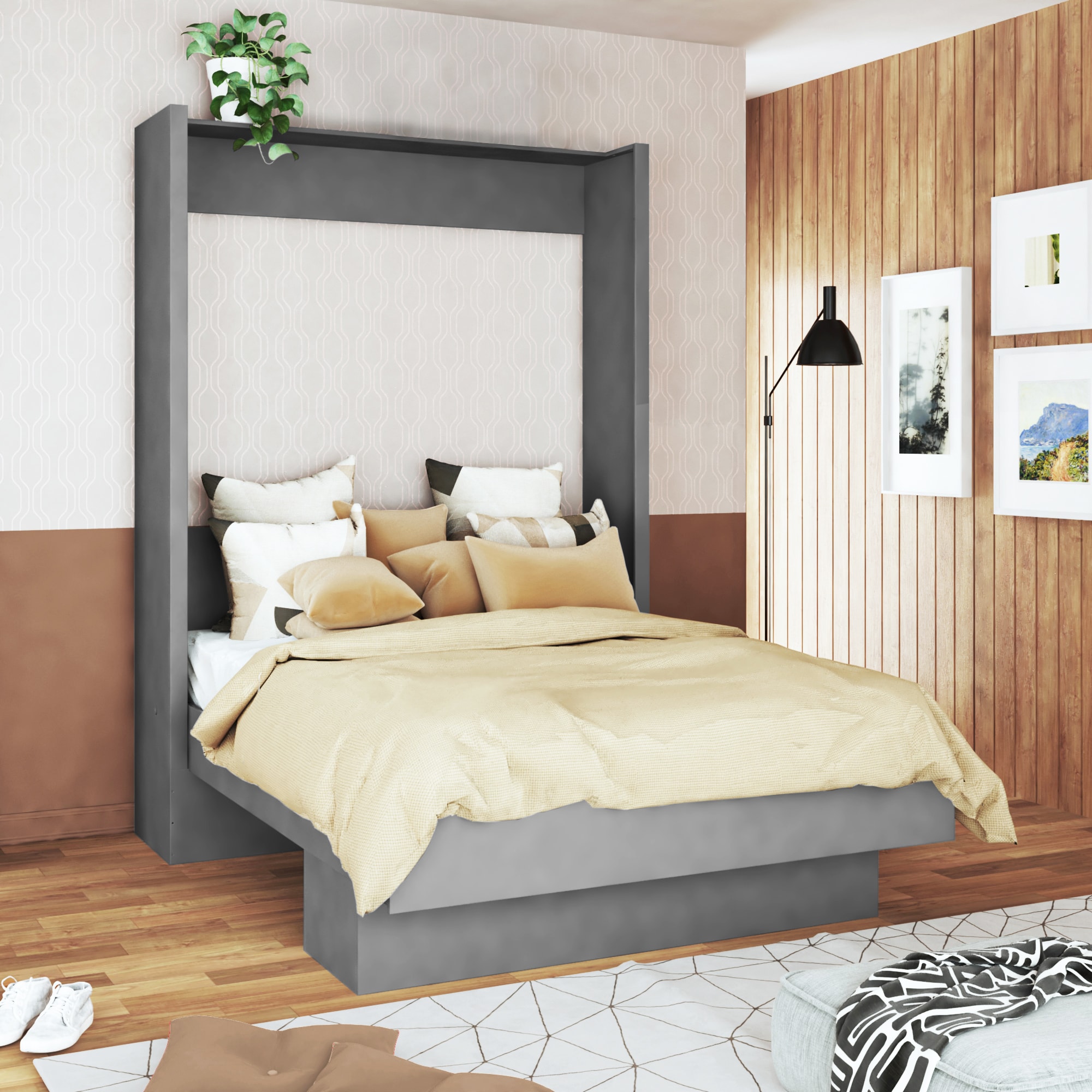 Oakland Living LILA-BED-QN-GY High Quality Brazilian Wall Bed Grey Queen Wood veneer Murphy Bed with Storage