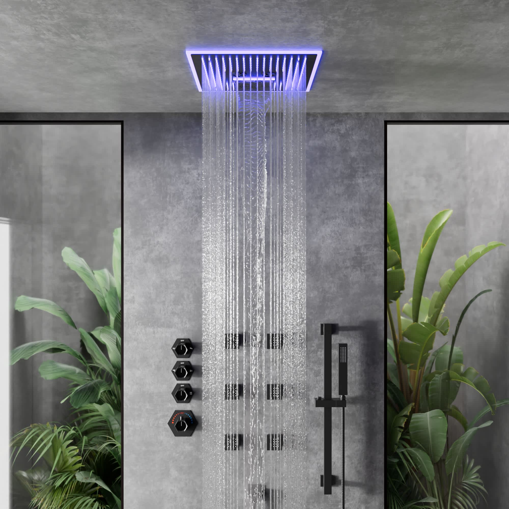EVERSTEIN SFS-1047-BK16 LED Thermostatic Shower Faucet with 16-in High-Pressure Shower Head featuring Bluetooth Music in Black
