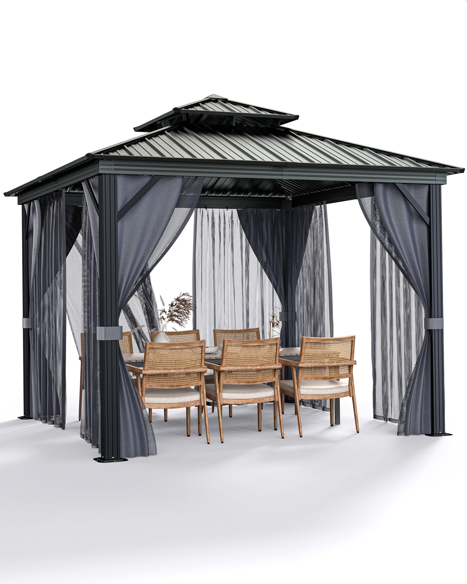 Garvee 10x10FT High quality Hardtop Gazebo for Patio and Garden Double Metal Roof Mosquito Netting Privacy Curtains Heavy-Duty Aluminum Pavilion All Weather Outdoor Canopy