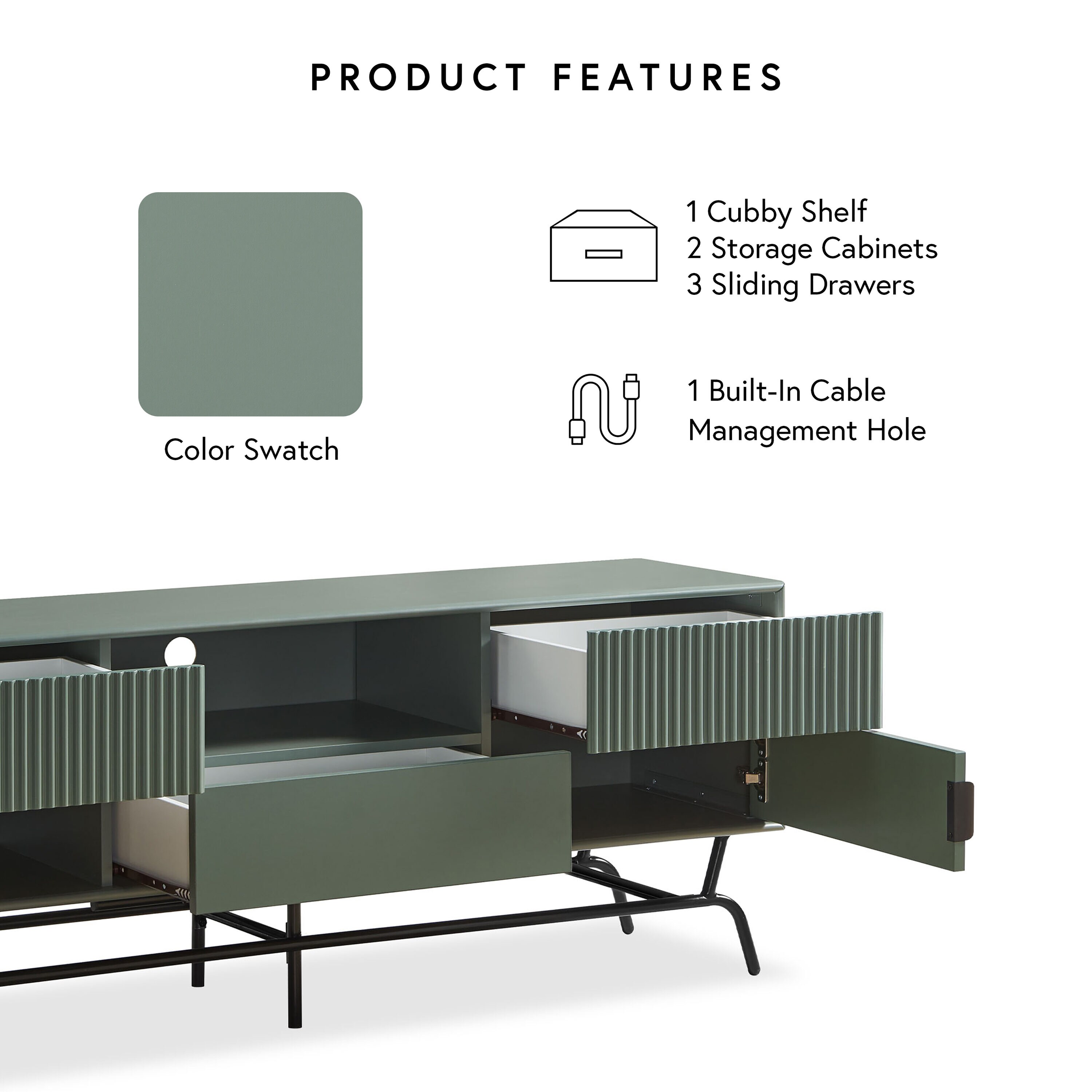 Sage Green MDF and Wood TV Stand with Cabinet and Drawers