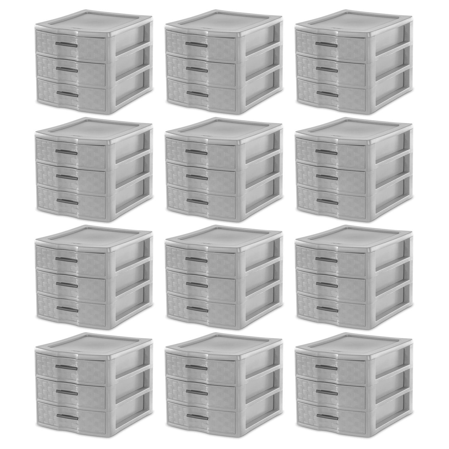 Sterilite 326793  Medium Weave 3 Drawer Storage Unit Versatile Organizer, Grey, 12 Pack