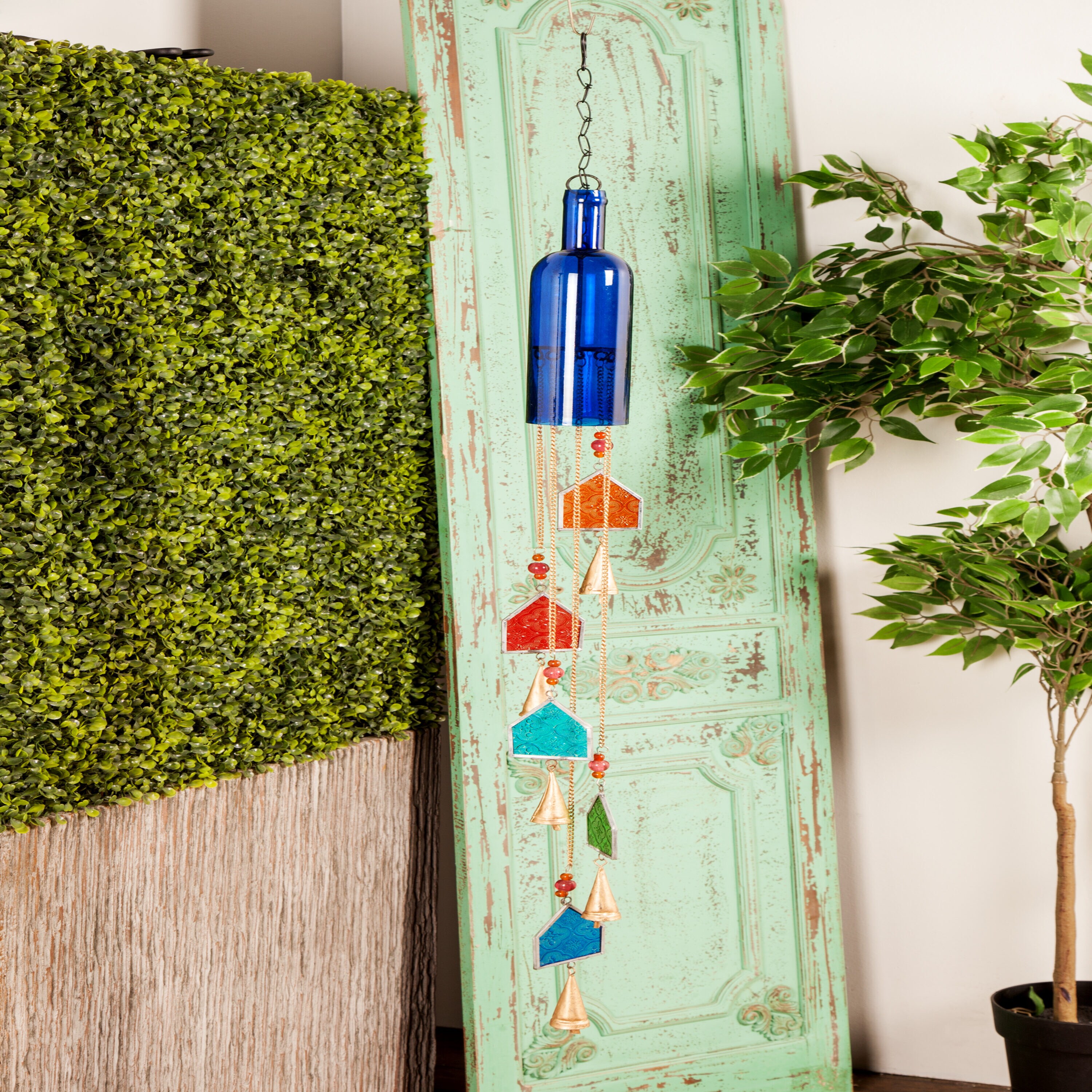 Grayson Lane 41441 41-Inches Blue Bottle with Beads and Cone Bells Metal Modern Wind Chime