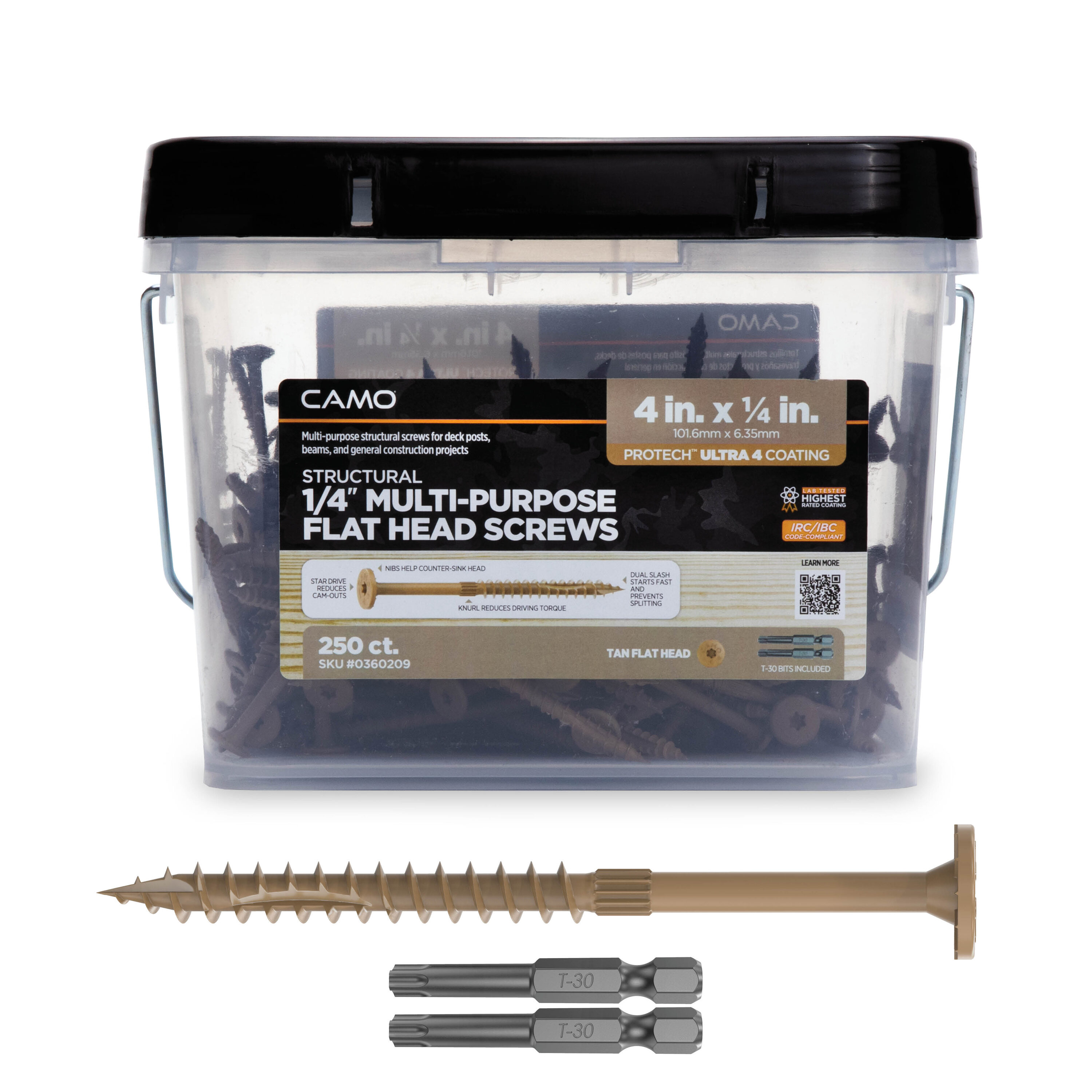 CAMO 0360209 1/4-in x 4-in Tan Polymer Flat -Head Exterior Structural wood screws 250 -Pack