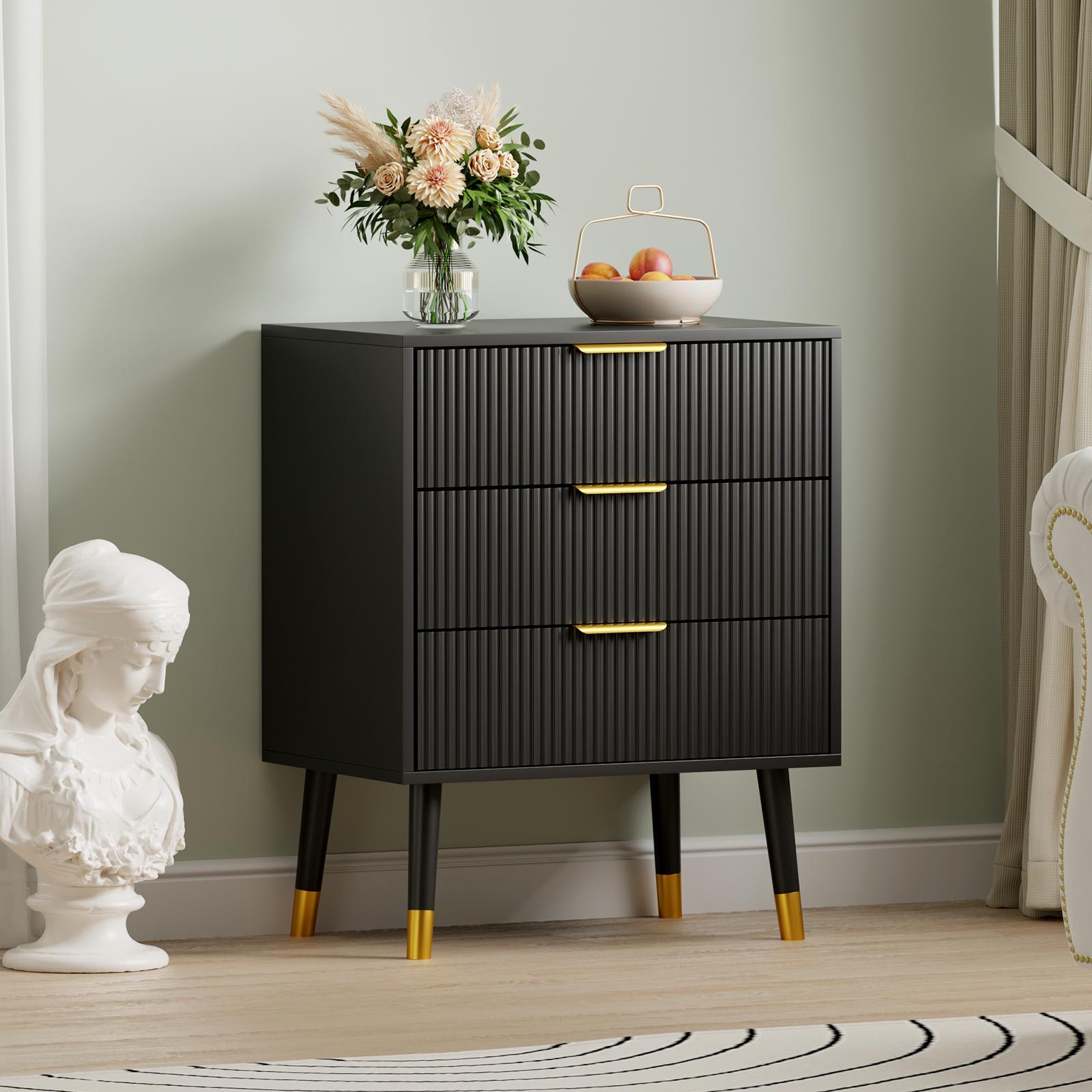 Qeetex SUN-PHO-16NBIX8H Modern 3 Drawer Fluted Dresser 57 Wide Wood Chest of Drawers Clothes Storage Organizer