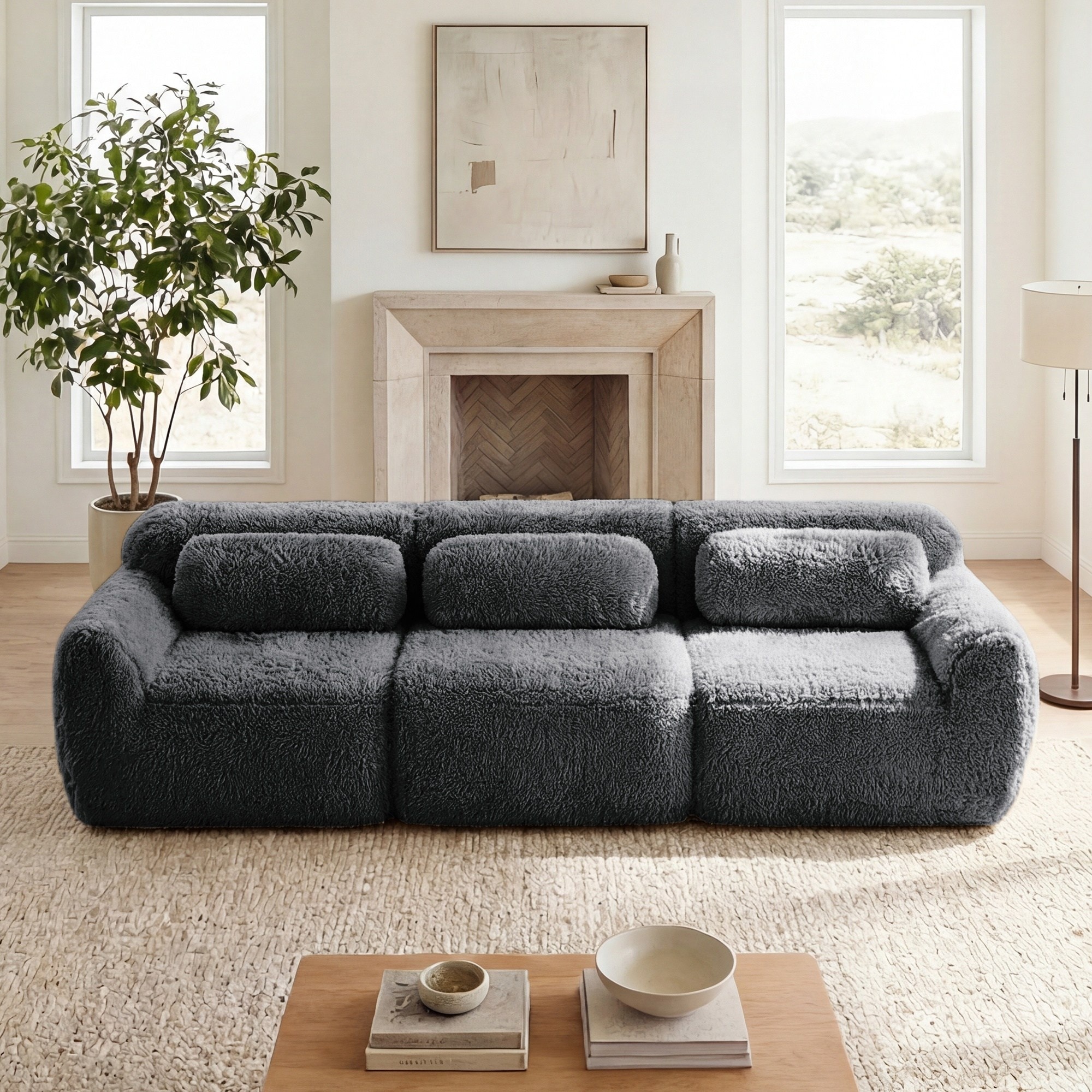 Horizons Prime 114 inch Dark Grey Plush Fabric Modular Sectional
