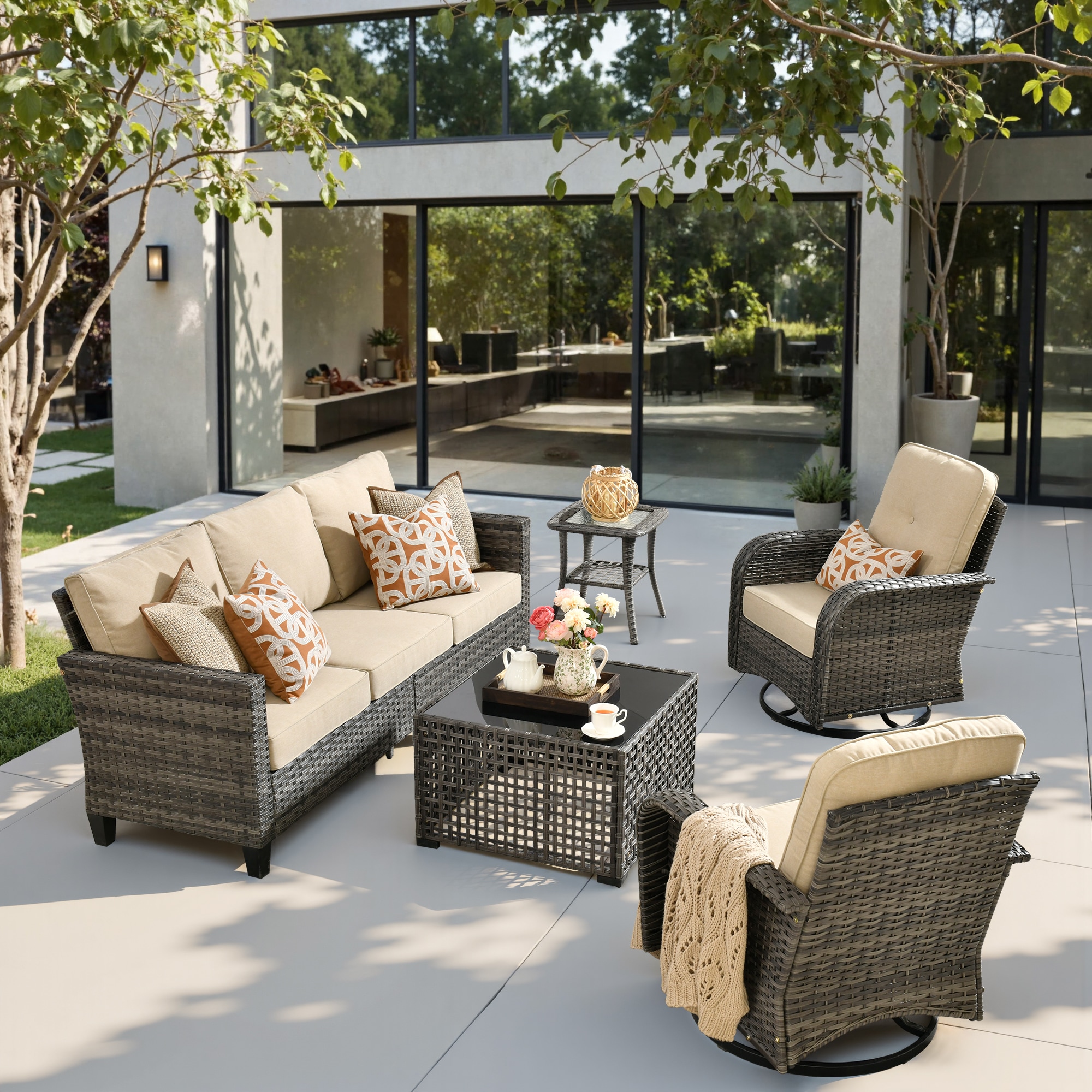 weaxty HMBYZGNCNGRS600S51 Initial 5 -Piece Wicker Patio Sofa Conversation Set with Off-white Cushions