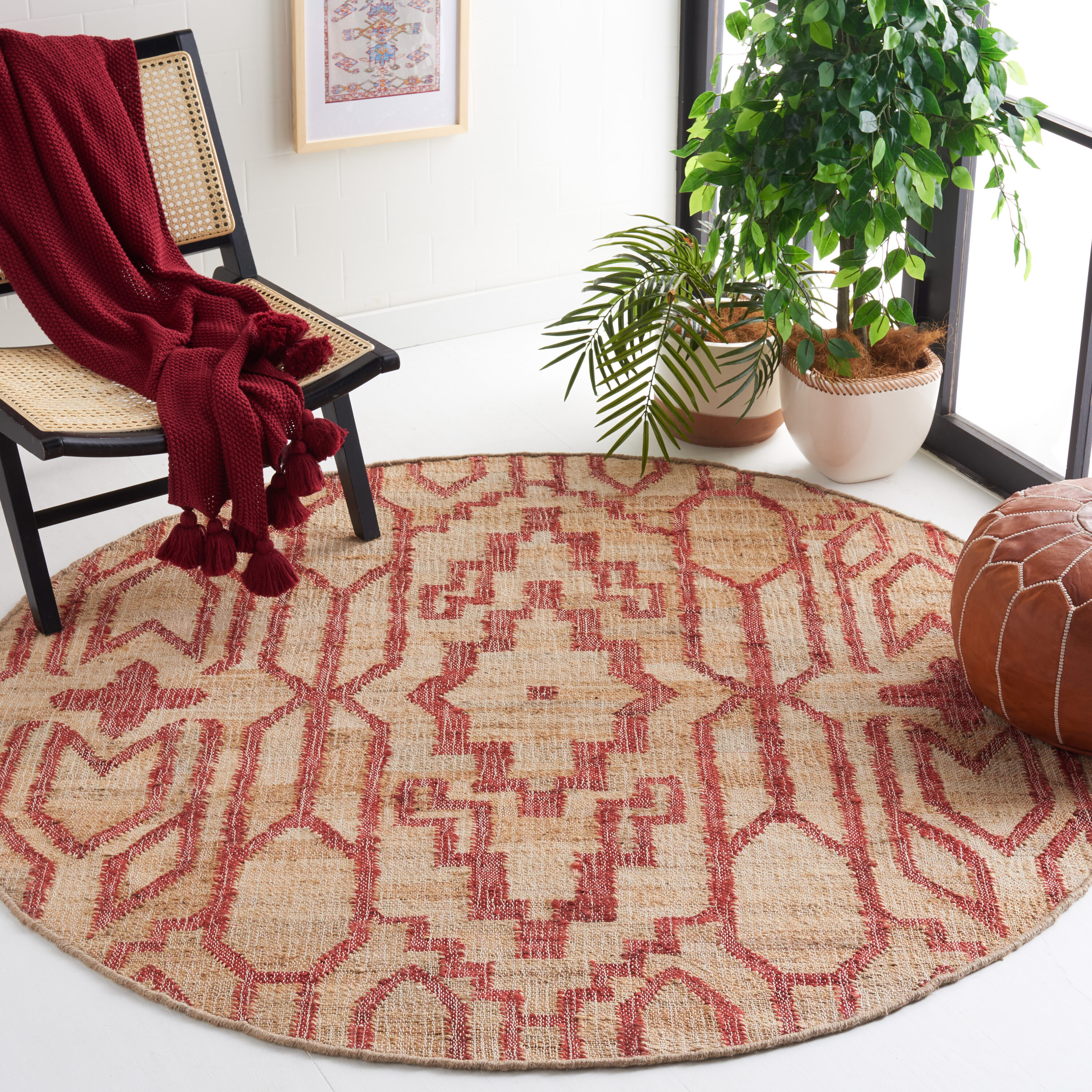  Natural Fiber Natural/Red Bohemian 6ft x 6ft Round Rug