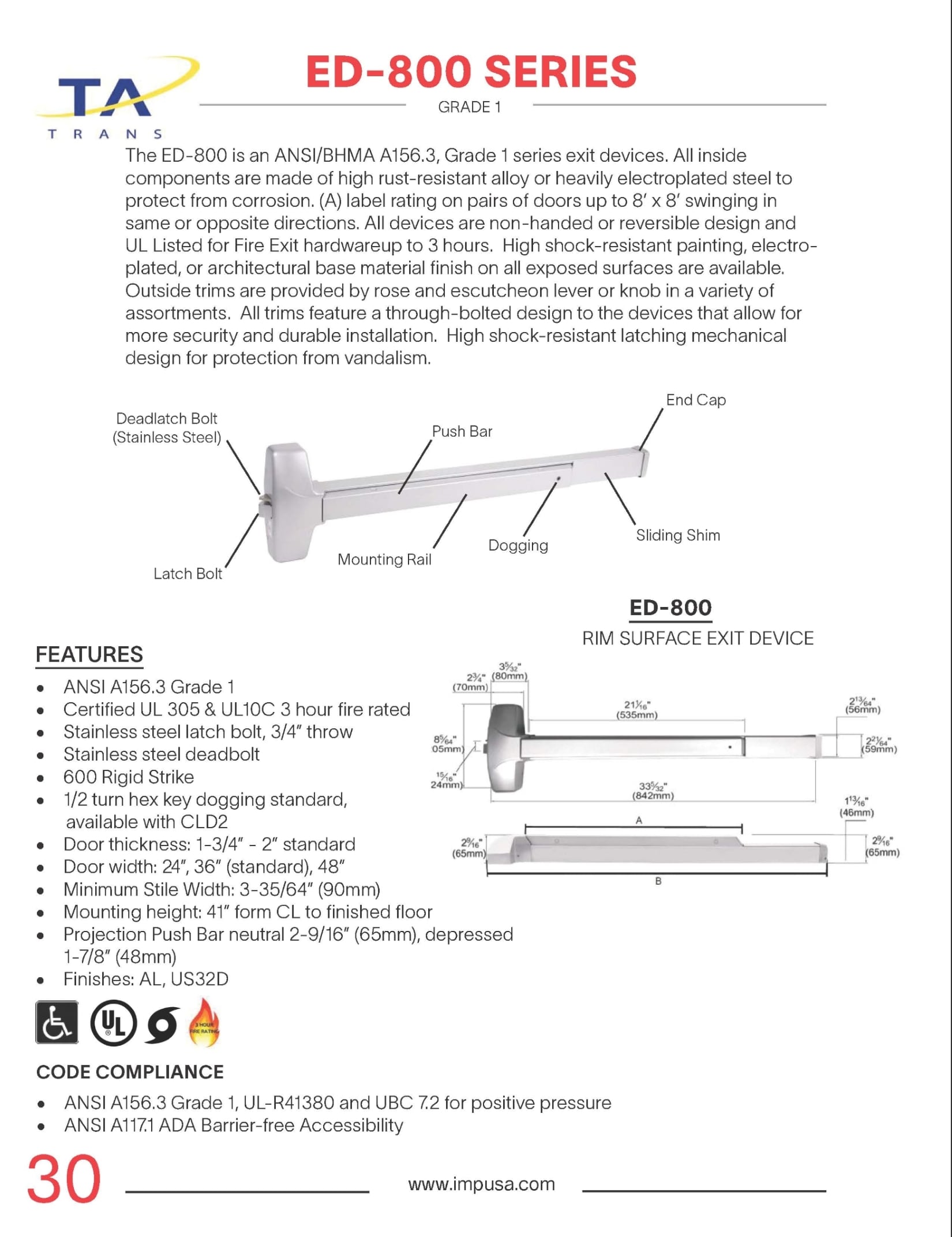 Trans-Atlantic Co ED-801-AL Door-Exit-Bars - View #2