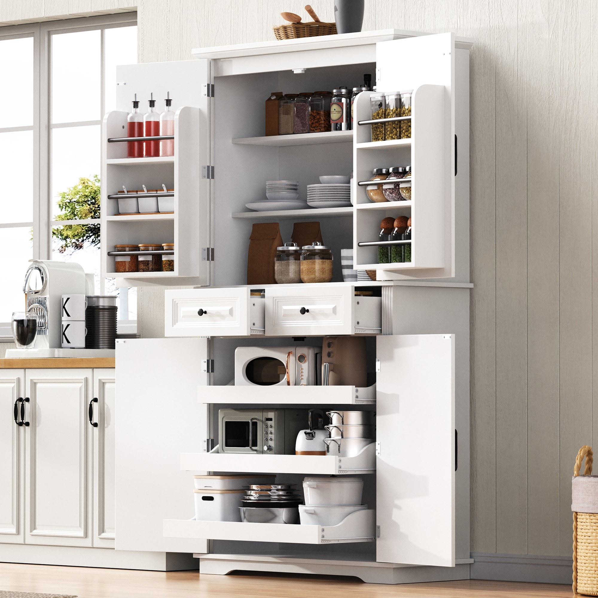 KTMBDW 71-In Kitchen Pantry Storage Cabinet with 3 Pull-out Storage and ...