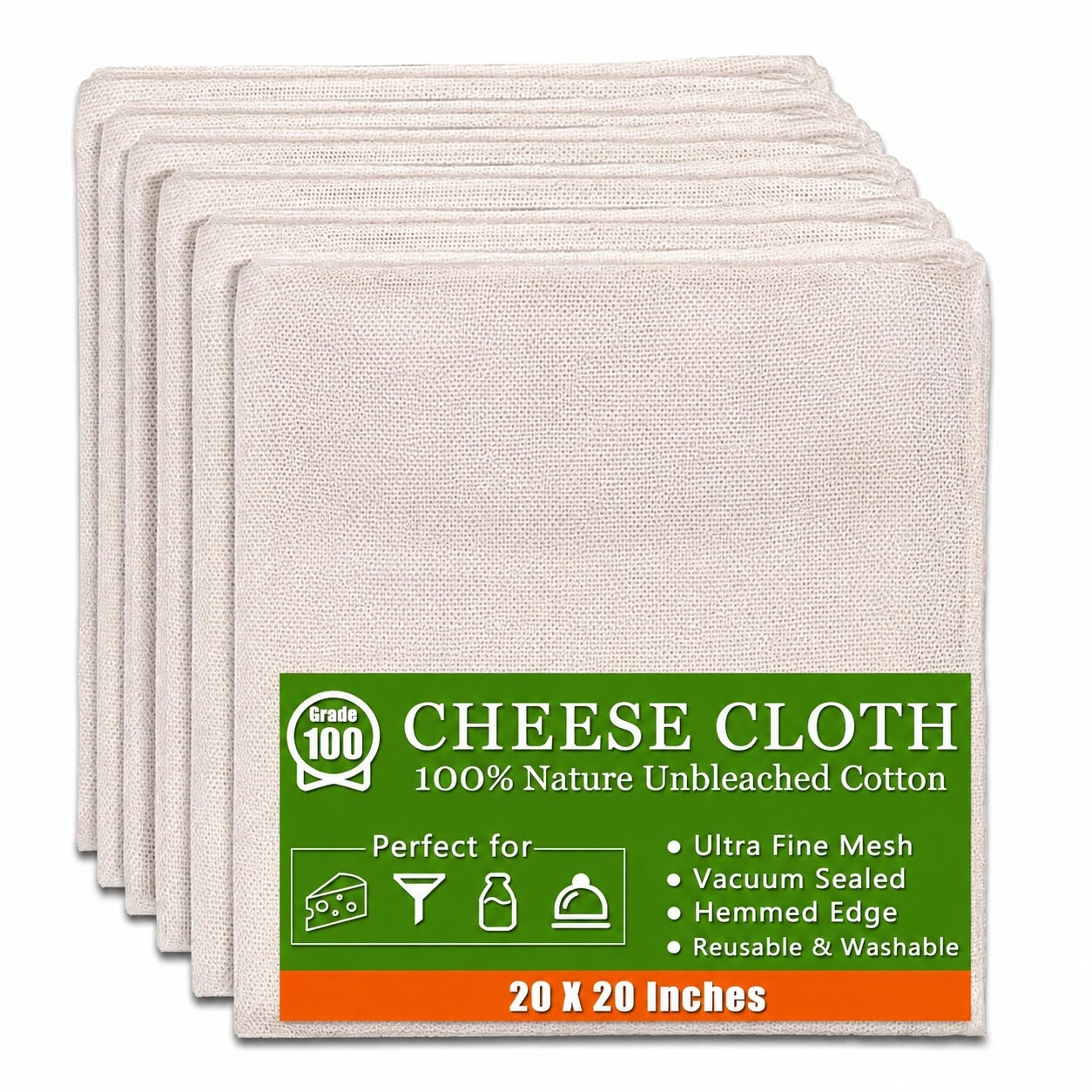 Aoibox  Grade 100 Unbleached Cotton Cheesecloth Set of 6 20 x 20 In Pre Cut Reusable Muslin Straining Cloth