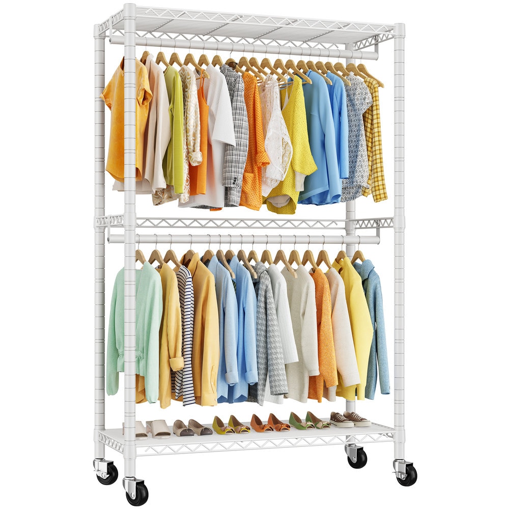 Raybee 79 Inches Height Clothes Rack Rolling Clothing Racks For Hanging Clothes Portable Garment Rack With Double Adjustable Rods For Bedroom Cloakroom White