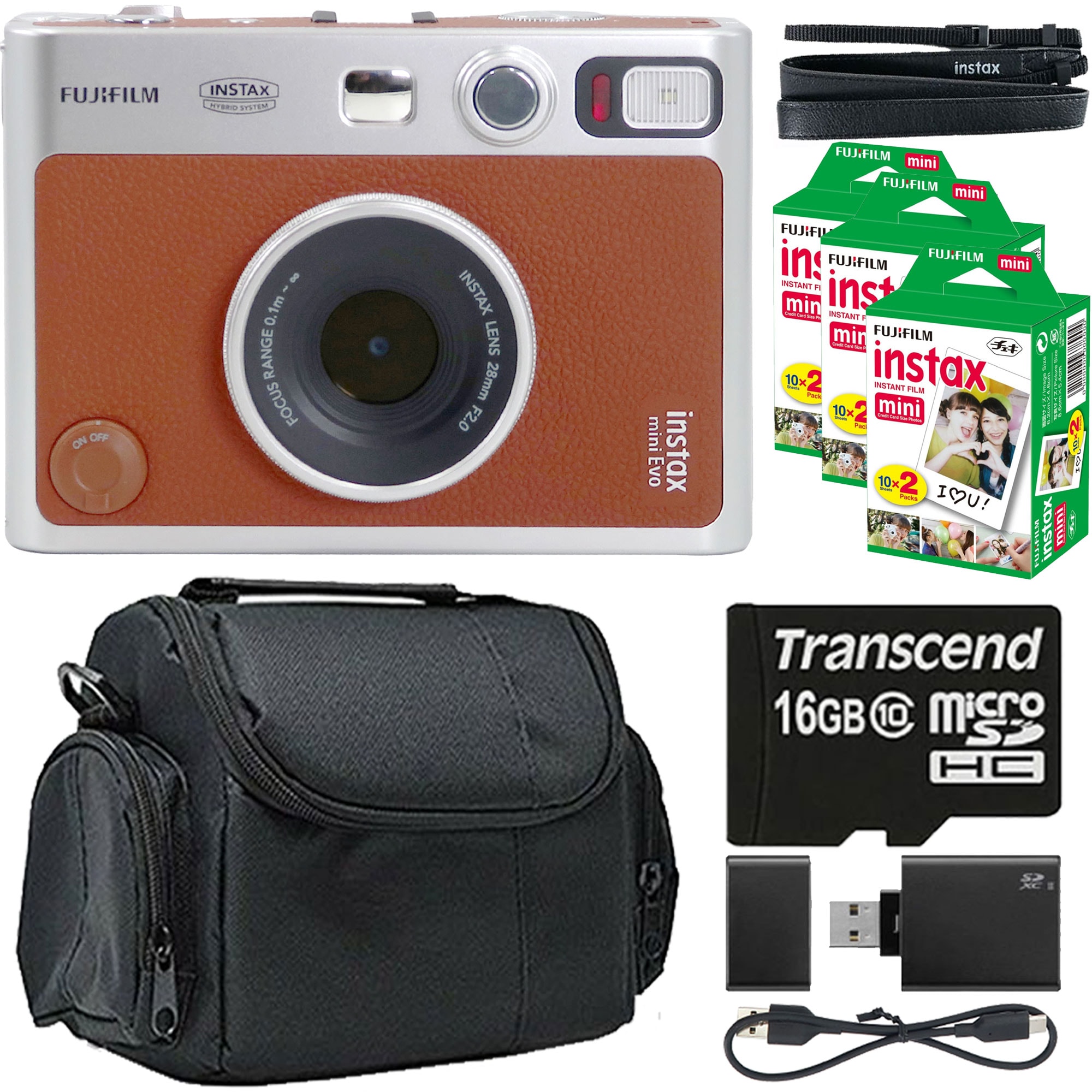 Fujifilm  INSTAX MINI EVO Hybrid Instant Camera Brown with 3x  2x10 Mini Instax Film Pack BePro BC 1 Case Small 16GB Transcend MicroSD Card with Adapter and Memory Card Reader