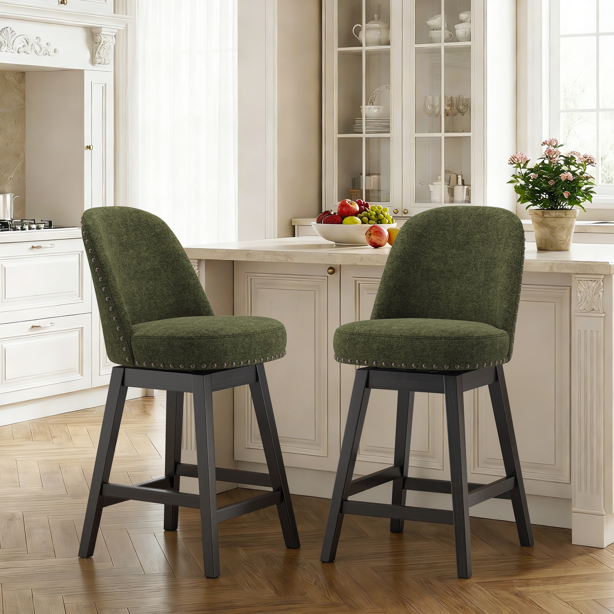 ViviHav Set of 2 Green Fabric Counter Height Swivel Upholstered Bar Stools with Nailhead Trim