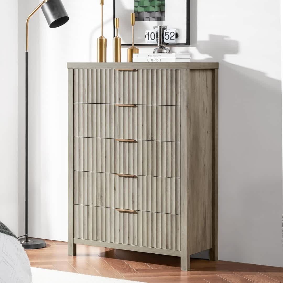 Qeetex NL-PHK-34DXRBX4 Oak Grey Legged Wave Pattern Five Drawer Dresser