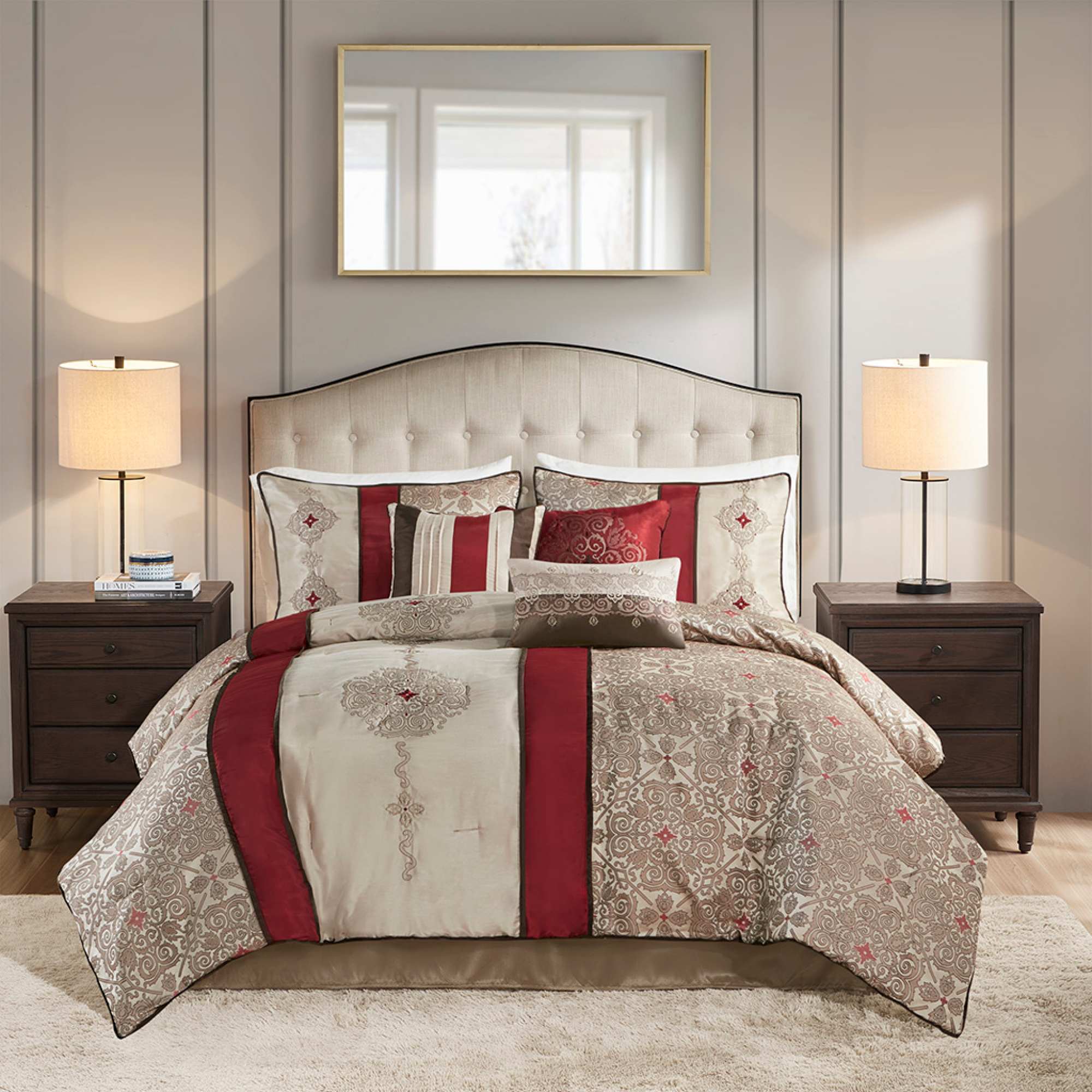 Roomfitters  7Piece King Jacquard Damask Comforter Bedding Set with Shams and Decorative Pillows Red