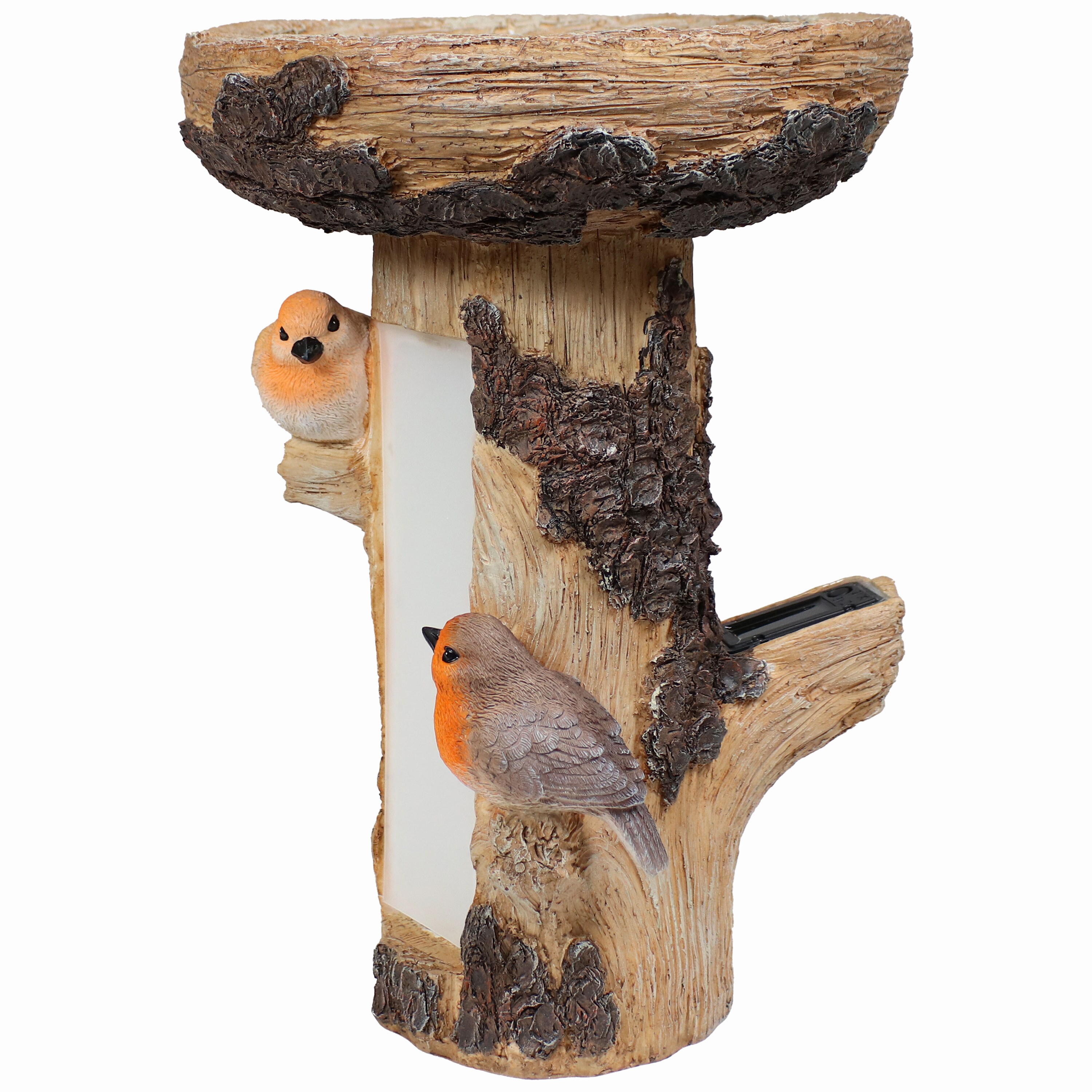 Rustic Brown Polyresin Tree Stump Bird Bath with Solar LED Address Plate