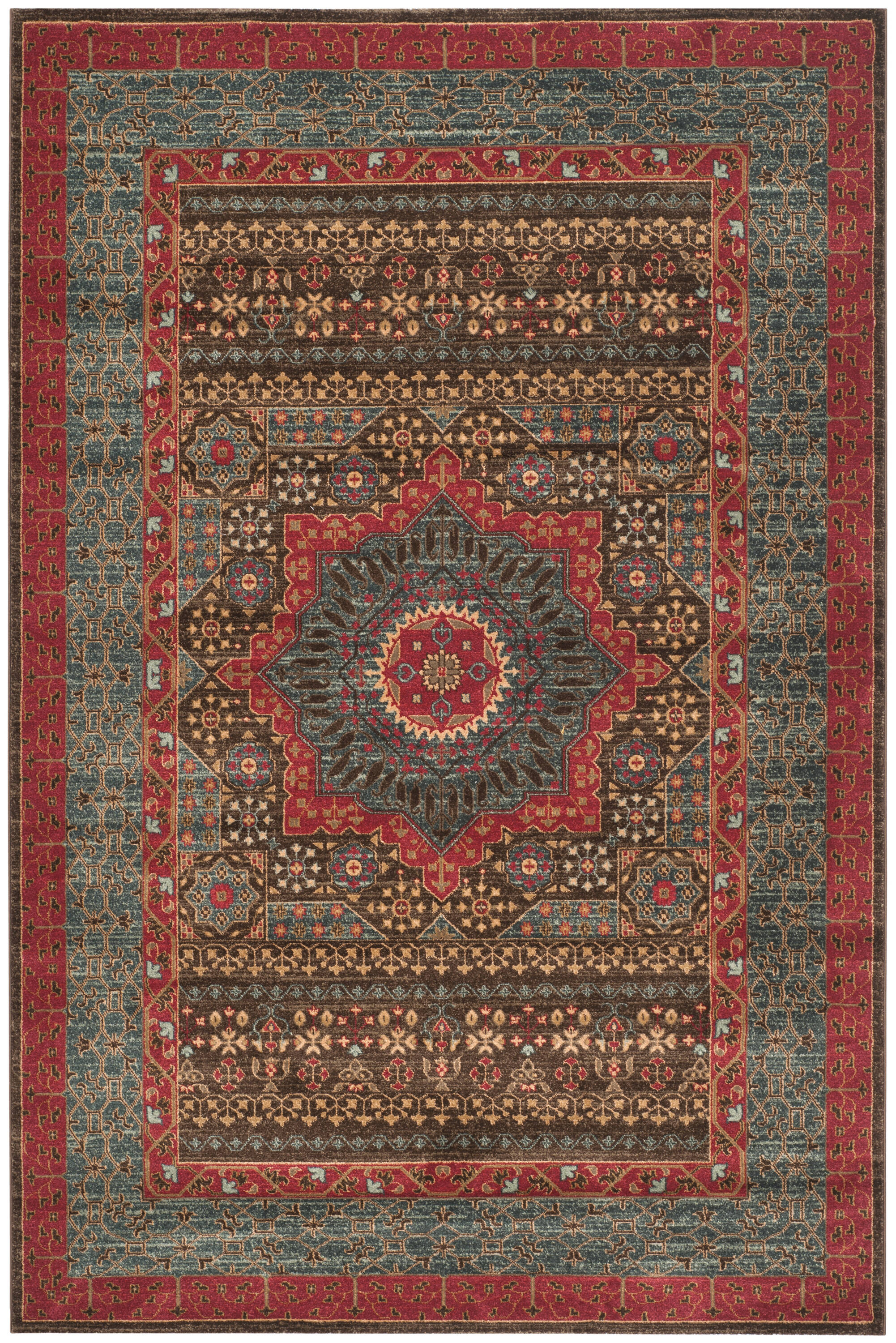 Safavid Style Red and Blue Synthetic Rectangular Rug
