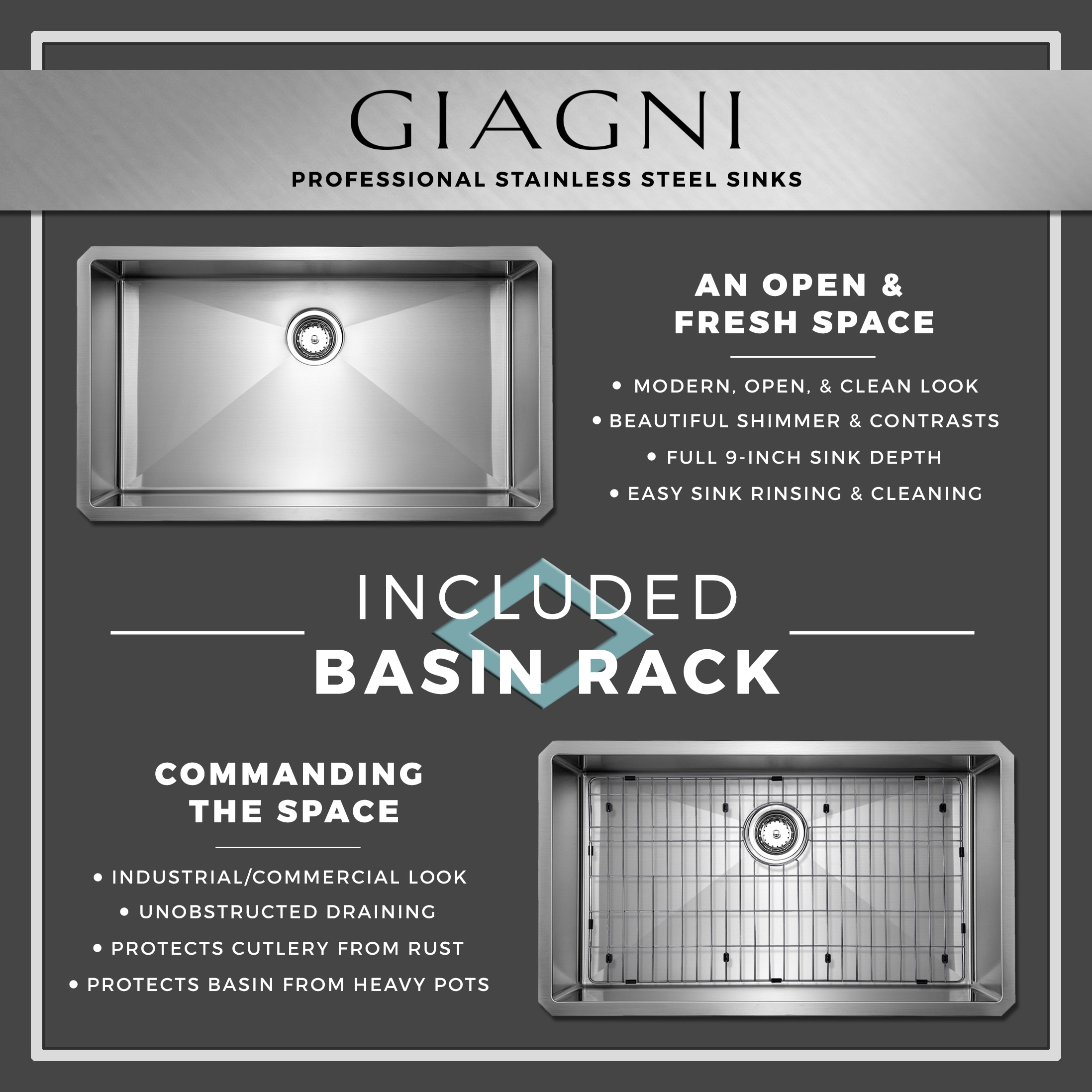 Giagni Divide-A-Bowl Dual-mount 33-in x 22-in Stainless Steel Single Bowl  Kitchen Sink at