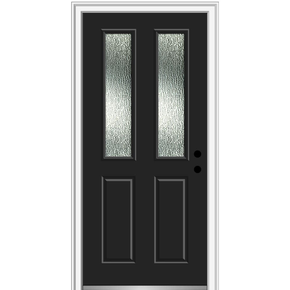 MMI DOOR ZZ367582L Rainglass 30-in x 80-in x 6-9/16-in Fiberglass Twin lite Left-hand inswing Black Painted Prehung Front Door with Brickmould Solid core