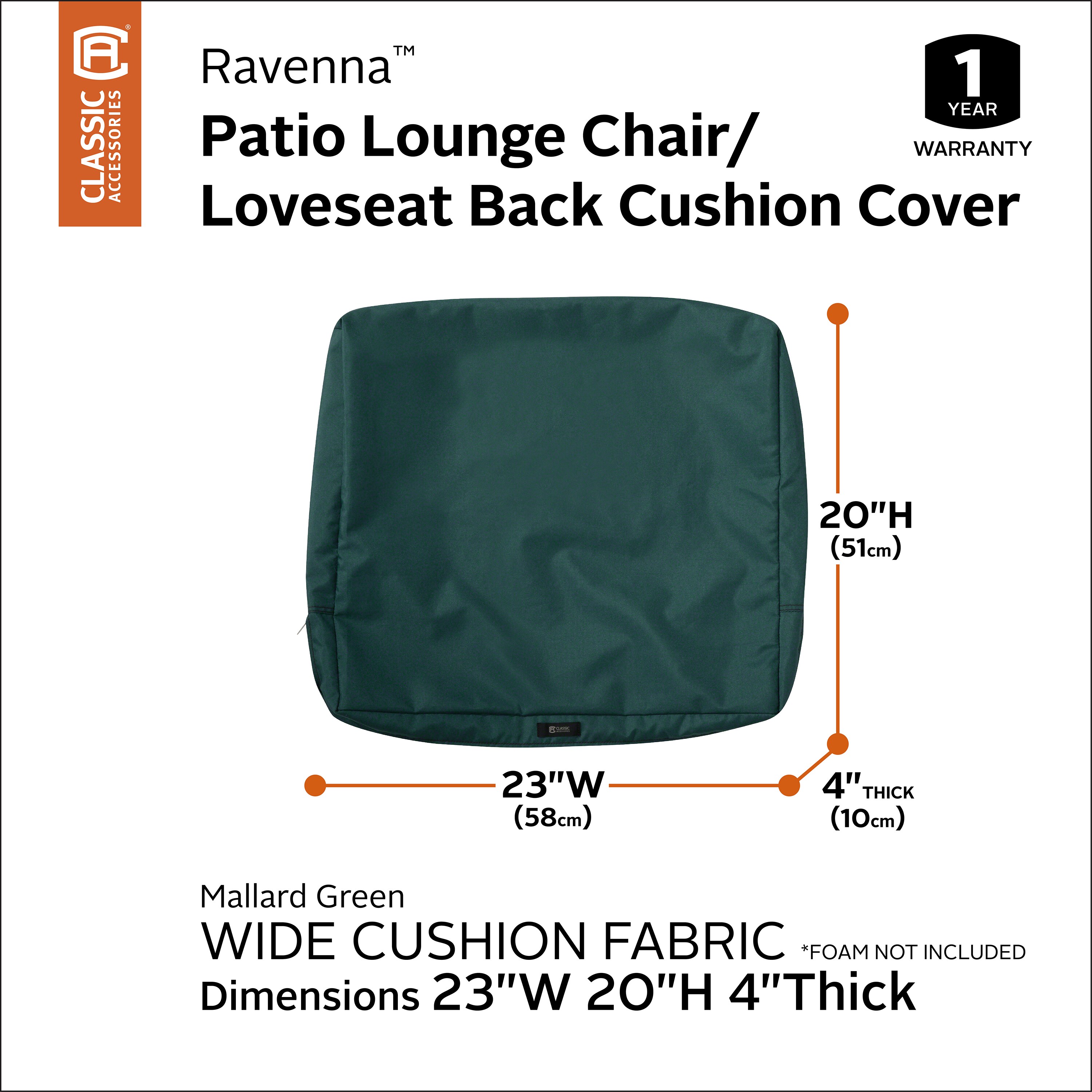 Classic Accessories Patio Lounge Back Cushion Foam - 4 Thick