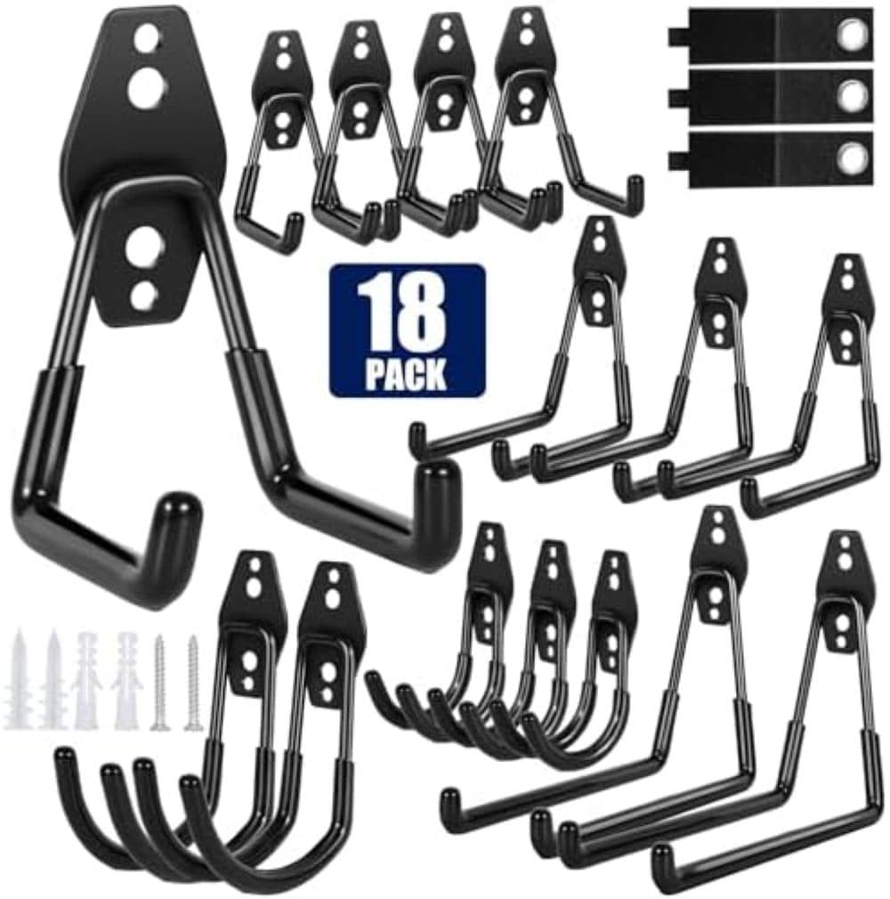 Etokfoks EFT1003C088 18 Pack Garage Hooks with Anti Slip Coating Heavy Duty Hanging Hooks for Garages Bicycles Ladders Gardening Tools Includes 3 Straps