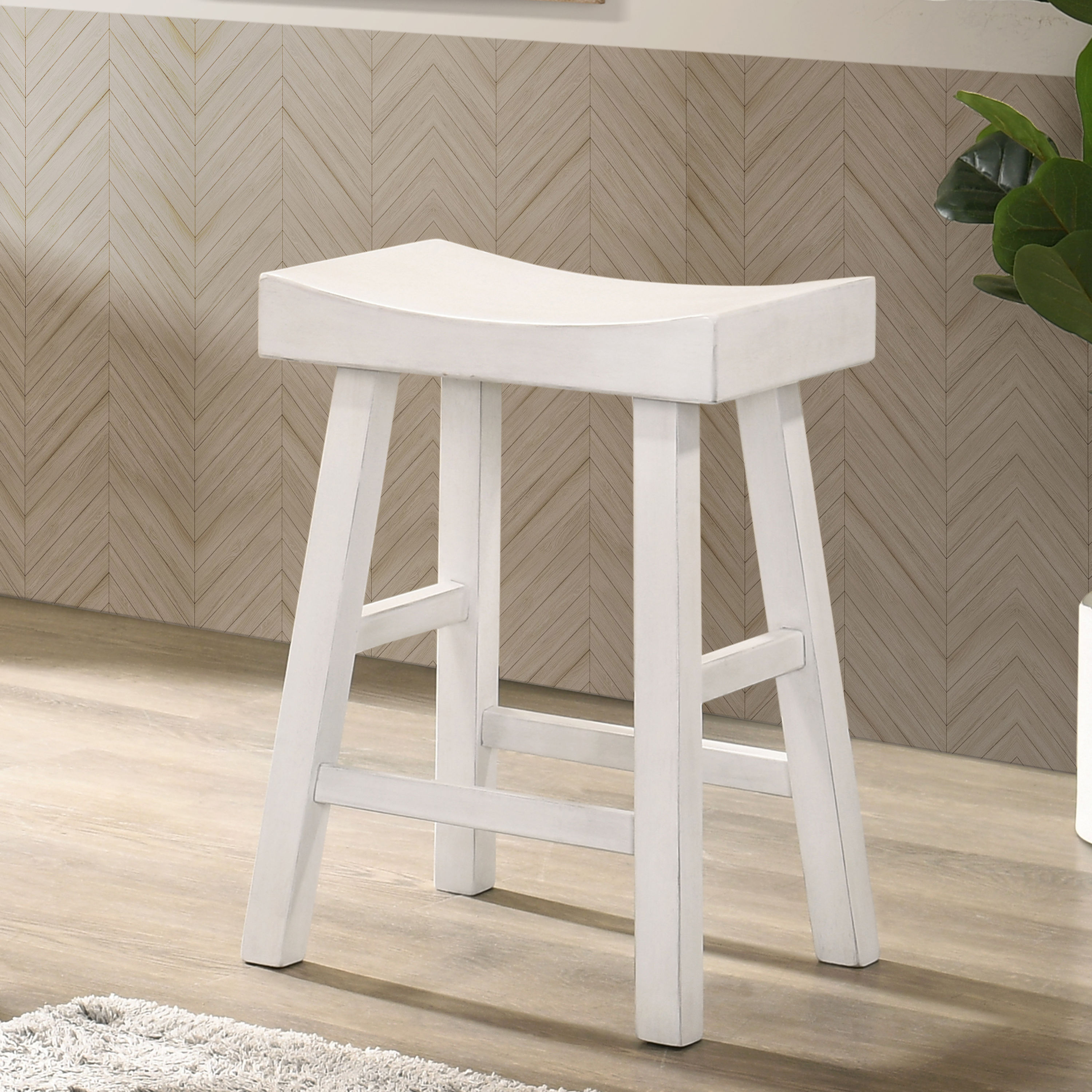 Furniture of America IDF-BR365AW Henchel 2 -Set Antique white 25.0-Inches H Counter height Saddle seat Wood Bar Stool